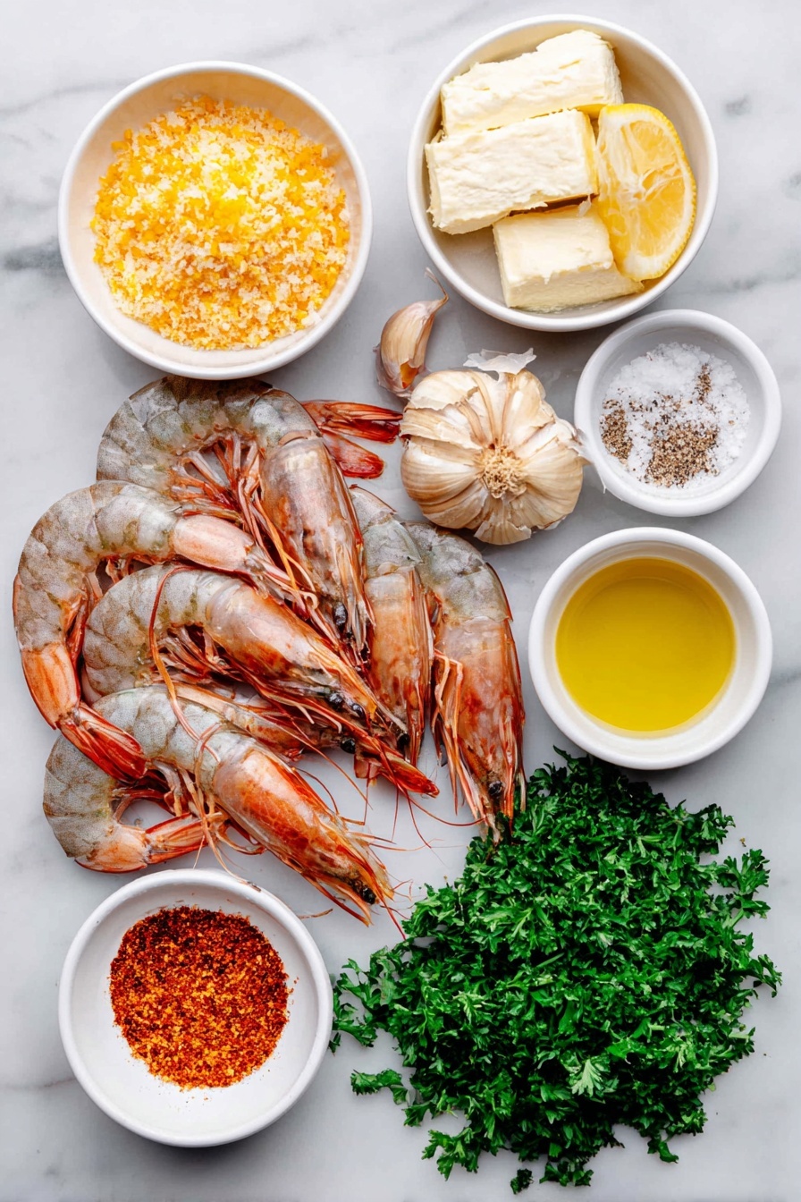 Flat lay of large raw shrimp with shells removed, several whole uncracked brown garlic cloves and some finely minced garlic, a small handful of coarse kosher salt crystals, a few twists of freshly ground black pepper, a small pat of unsalted butter, a small white bowl with golden panko bread crumbs, thin strips of bright yellow lemon zest, a small white bowl with clear extra-virgin olive oil, a pinch of crushed red pepper flakes, a small white bowl filled with pale yellow dry white wine, a halved lemon showing juicy flesh, a small pile of fresh chopped bright green parsley all arranged symmetrically in a harmonious composition, placed on a clean white marble surface, soft natural light, photo taken with an iPhone, professional food photography style, fresh ingredients, white ceramic bowls, no bottles, no duplicates, no utensils, no packaging --ar 2:3 --v 7 --p m7354615311229779997 - Garlic Shrimp Scampi with Lemon and Breadcrumbs, garlic shrimp recipes, shrimp scampi with lemon, easy seafood dinner, crispy breadcrumb shrimp