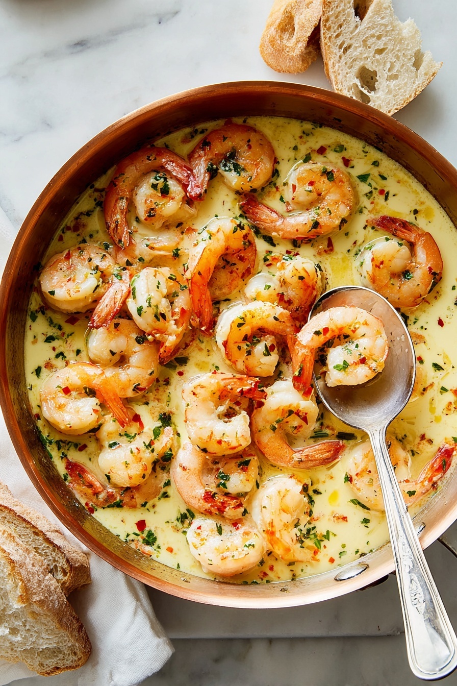 A shiny copper pan filled with one layer of cooked shrimp in a light yellow creamy sauce, sprinkled with small green herbs and bits of red chili flakes. The shrimp are bright orange and pink with white edges and their tails still on. A silver spoon rests inside the pan, holding three shrimp in sauce. The pan is placed on a white marbled surface with some chunks of light brown bread around it. photo taken with an iphone --ar 2:3 --v 7 - Garlic Shrimp Scampi with Lemon and Breadcrumbs, garlic shrimp recipes, shrimp scampi with lemon, easy seafood dinner, crispy breadcrumb shrimp