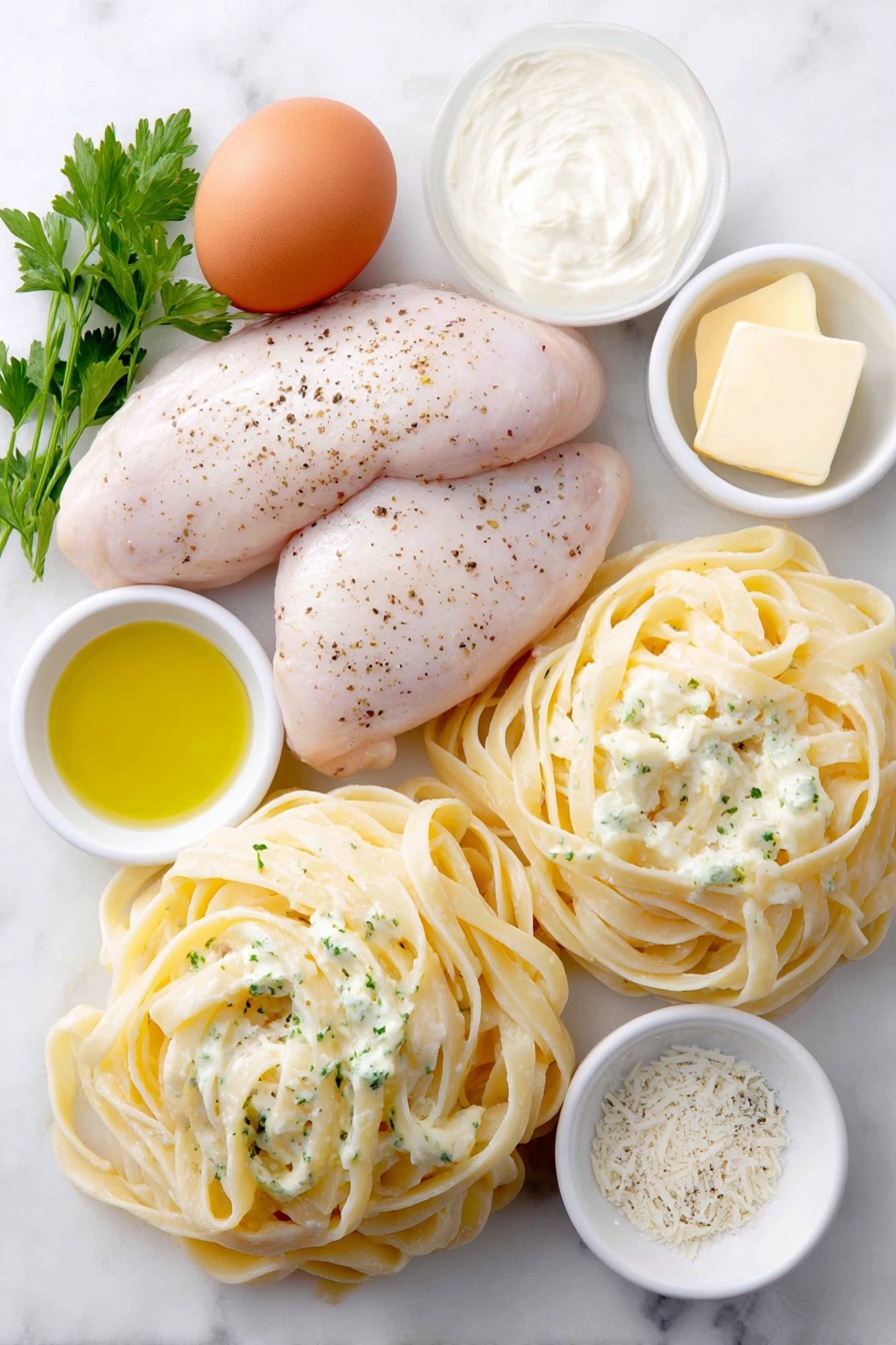 Flat lay of dry fettuccine pasta nests, two boneless skinless chicken breasts seasoned with herbs and pepper, a small pat of golden butter slices, a few sprigs of fresh parsley, a whole uncracked brown egg, a small white ceramic bowl of extra-virgin olive oil, a small white ceramic bowl of heavy whipping cream, a small white ceramic bowl filled with finely grated Parmesan cheese, a small white ceramic bowl containing minced garlic cloves, sprinkled kosher salt and freshly ground black pepper scattered sparsely around, placed on a clean white marble surface, soft natural light, photo taken with an iPhone, professional food photography style, fresh ingredients, white ceramic bowls, no bottles, no duplicates, no utensils, no packaging --ar 2:3 --v 7 --p m7354615311229779997 - Creamy Chicken Alfredo Pasta, chicken Alfredo pasta recipe, homemade Alfredo sauce, easy chicken pasta, comforting creamy pasta dish
