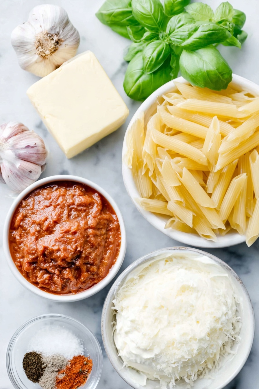 Flat lay of a small pat of unsalted butter, one whole shallot with purple-tinged skin, two whole garlic cloves with papery skins, a small white bowl of rich red tomato paste, a small white bowl of crushed red pepper flakes, a small white bowl of clear vodka, a small white bowl of kosher salt crystals, a portion of uncooked penne pasta, a small white bowl of creamy heavy cream, a small white bowl of finely grated Parmesan cheese, several fresh bright green basil leaves arranged neatly, all placed on a clean white marble surface, soft natural light, photo taken with an iPhone, professional food photography style, fresh ingredients, white ceramic bowls, no bottles, no duplicates, no utensils, no packaging --ar 2:3 --v 7 --p m7354615311229779997 - Penne Alla Vodka, Penne Alla Vodka recipe, creamy vodka pasta, Italian pasta dish, easy Penne Alla Vodka