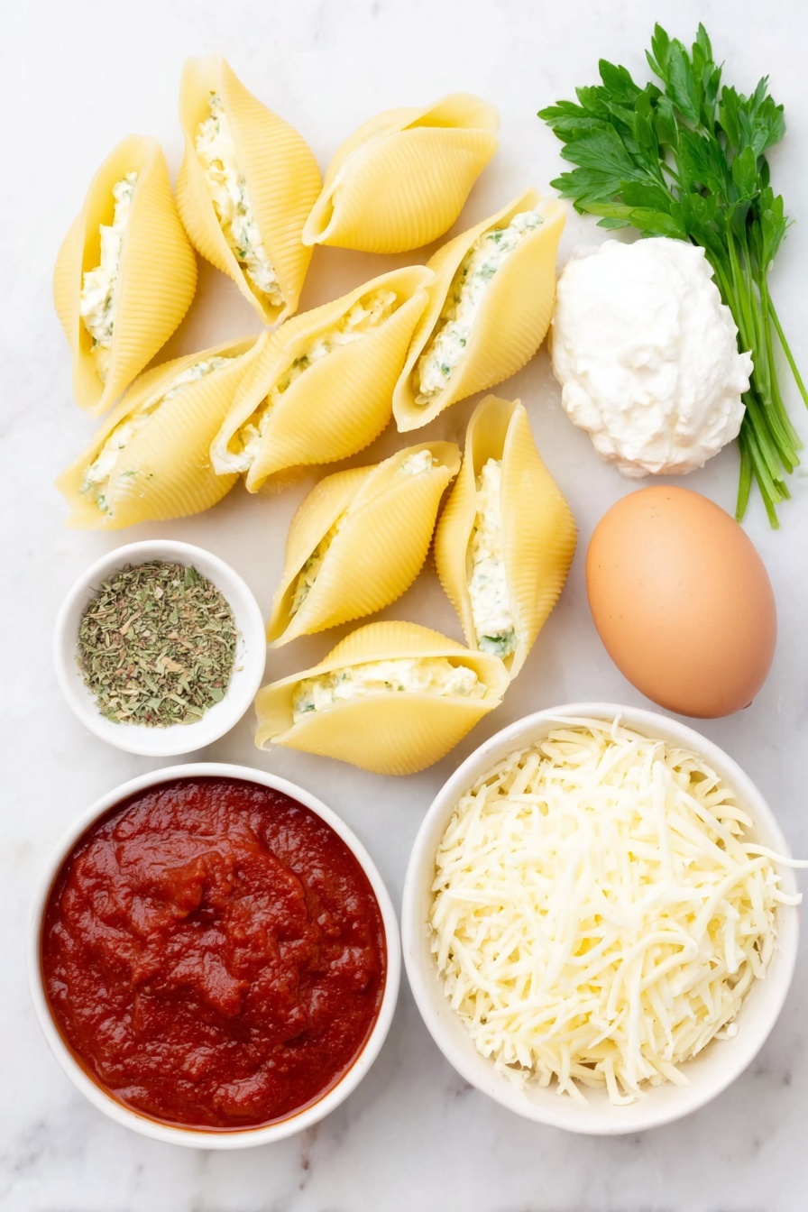 Flat lay of a handful of large, pale yellow jumbo pasta shells arranged neatly, a small mound of creamy white ricotta cheese, a small pile of shredded mozzarella cheese with soft white and pale yellow strands, a small heap of finely grated parmesan cheese with a sandy texture, a single whole brown egg with a clean shell, a few fresh bright green parsley sprigs, a small white ceramic bowl filled with vibrant red marinara sauce, and a small white bowl containing a blend of dried Italian seasoning herbs — all placed on a clean white marble surface, soft natural light, photo taken with an iPhone, professional food photography style, fresh ingredients, white ceramic bowls, no bottles, no duplicates, no utensils, no packaging --ar 2:3 --v 7 --p m7354615311229779997 - Stuffed Shells with Ricotta and Marinara, cheesy stuffed shells recipe, Italian stuffed shells, baked stuffed shells, easy Italian pasta dishes