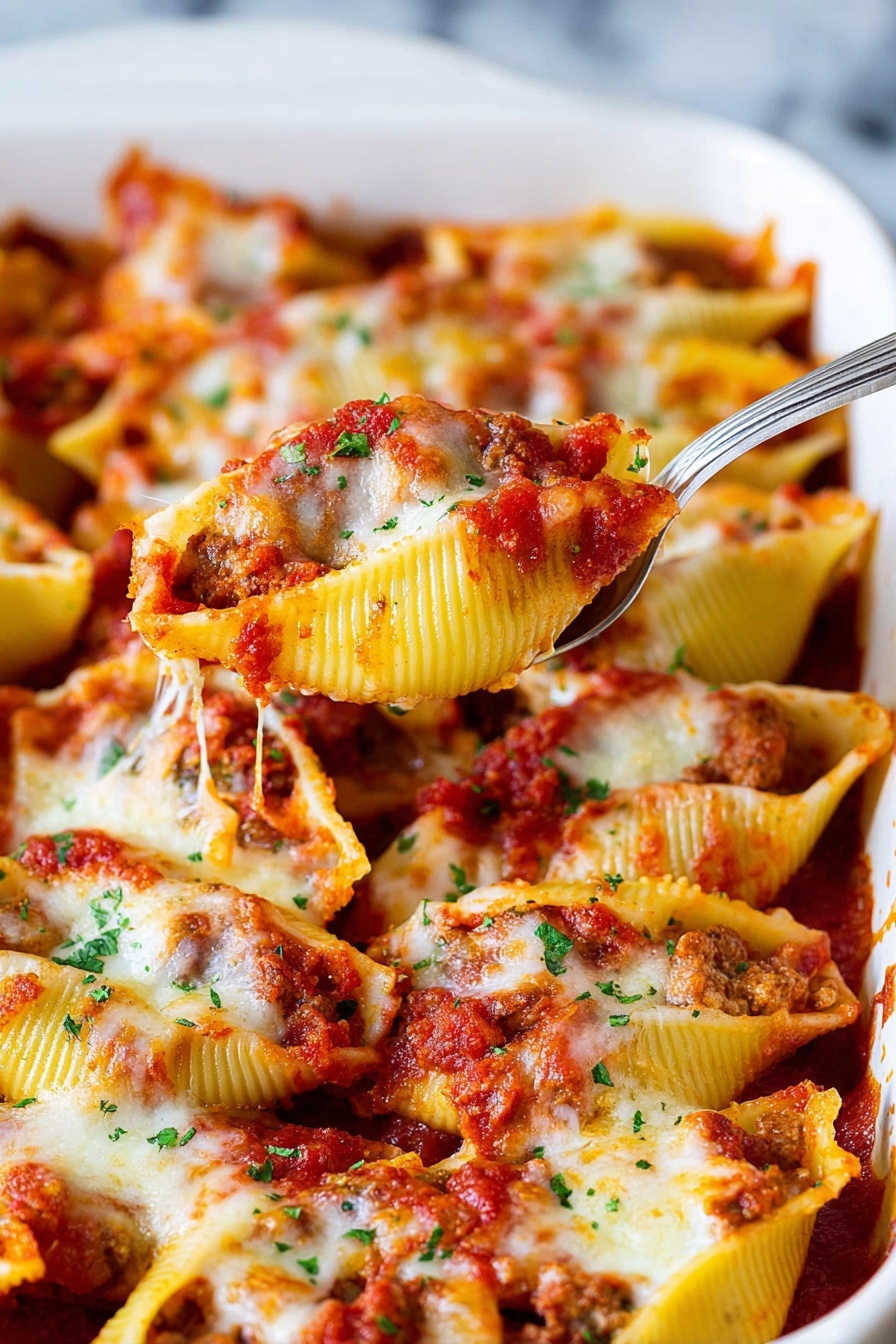 The image shows a close-up of pasta shells baked in a white dish. Each pasta shell is filled with a layer of meat inside, visible beneath the top layer. The shells are topped with bright red tomato sauce and a layer of melted cheese that is browned in spots, giving a slightly bubbly texture. The dish is sprinkled with small bits of green herbs, adding color contrast. A silver spoon lifts one pasta shell, showing the layers and cheddar melting slightly from the bottom. The background is a white marbled texture. photo taken with an iphone --ar 2:3 --v 7 - Stuffed Shells with Ricotta and Marinara, cheesy stuffed shells recipe, Italian stuffed shells, baked stuffed shells, easy Italian pasta dishes