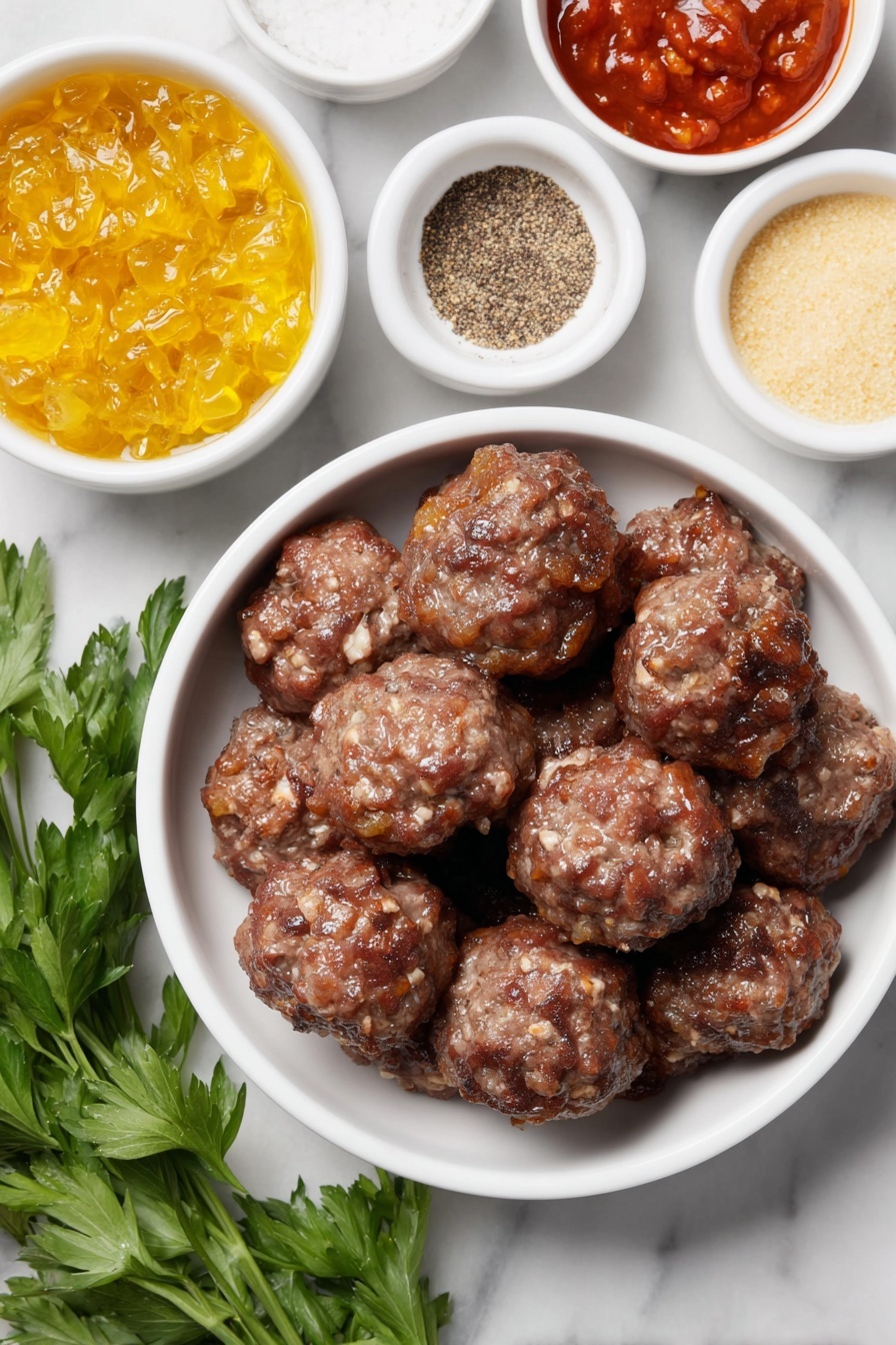Flat lay of a small white ceramic bowl of glossy jellied cranberry sauce, a small white ceramic bowl of bright red chili sauce, a small white ceramic bowl of golden brown sugar, a small white ceramic bowl with light beige garlic powder, a small white ceramic bowl with coarse black pepper, a neat pile of round, fully cooked meatballs with a natural browned exterior, fresh sprigs of green parsley placed beside them, all arranged with perfect symmetry on a clean white marble surface, soft natural light, photo taken with an iPhone, professional food photography style, fresh ingredients, white ceramic bowls, no bottles, no duplicates, no utensils, no packaging --ar 2:3 --v 7 --p m7354615311229779997 - Cranberry Meatballs, holiday appetizer ideas, easy party snacks, festive meatball recipes, quick Christmas appetizers