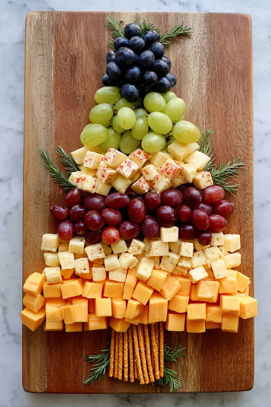 A wooden board holds a Christmas tree shaped snack arrangement made of layers of different fruits and cheeses. Starting from the bottom, there is a row of pretzel sticks acting as the tree trunk, topped by a thick layer of orange cheese cubes. Above this, there is a dense row of red grapes, followed by a layer of light cheese cubes with small red seasoning pieces. Next is a layer of green grapes, then a layer of plain pale yellow cheese cubes. The top of the tree is formed with a cluster of dark blue grapes. Small green rosemary sprigs are placed between the layers to mimic tree branches. The whole setup is on a white marbled surface photo taken with an iphone --ar 2:3 --v 7 - Festive Christmas Tree Charcuterie Board, Christmas Tree Charcuterie Platter, Holiday Charcuterie Ideas, Christmas Party Appetizer, Festive Charcuterie Display