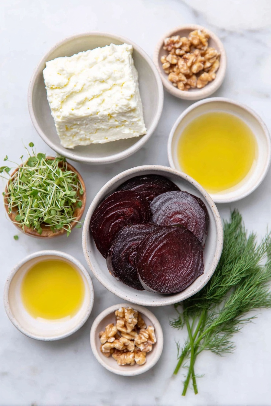 Flat lay of four medium cooked beets thinly sliced into rounds, a chunk of creamy white goat’s cheese, a small white bowl of thick Greek yogurt, a small white bowl of fresh lemon juice, a small white bowl of golden olive oil, a small white bowl of crushed walnuts, a small white bowl of golden honey, a few sprigs of fresh dill, and a handful of delicate microgreens, all arranged with perfect symmetry on simple white ceramic bowls placed on a clean white marble surface, soft natural light, photo taken with an iPhone, professional food photography style, fresh ingredients, white ceramic bowls, no bottles, no duplicates, no utensils, no packaging --ar 2:3 --v 7 --p m7354615311229779997 - Beetroot and Goat Cheese Terrine, elegant appetizer recipes, gourmet beetroot appetizer, easy party starters, healthy vegetarian appetizer