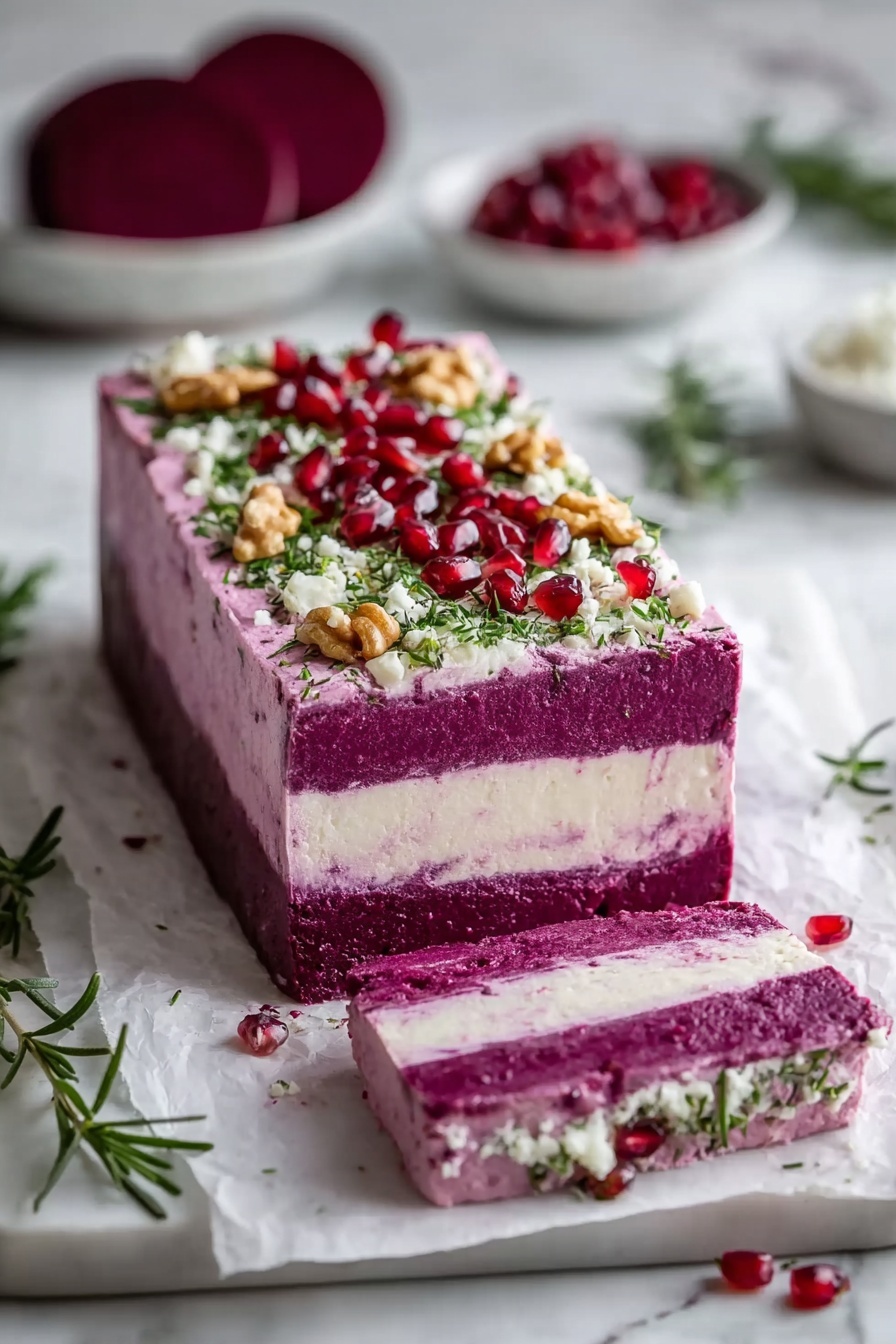 A square dish with three clear layers on a white plate, placed on a white marbled surface; the bottom and top layers are deep purple and smooth, while the middle layer is a thick, creamy white. The top purple layer is decorated with green chopped herbs, small white cheese crumbles, and scattered walnut pieces. Around the plate, there are a few more walnut pieces and some light amber sauce with herbs. The background is softly blurred with white and light green tones. Photo taken with an iphone --ar 2:3 --v 7 - Beetroot and Goat Cheese Terrine, elegant appetizer recipes, gourmet beetroot appetizer, easy party starters, healthy vegetarian appetizer