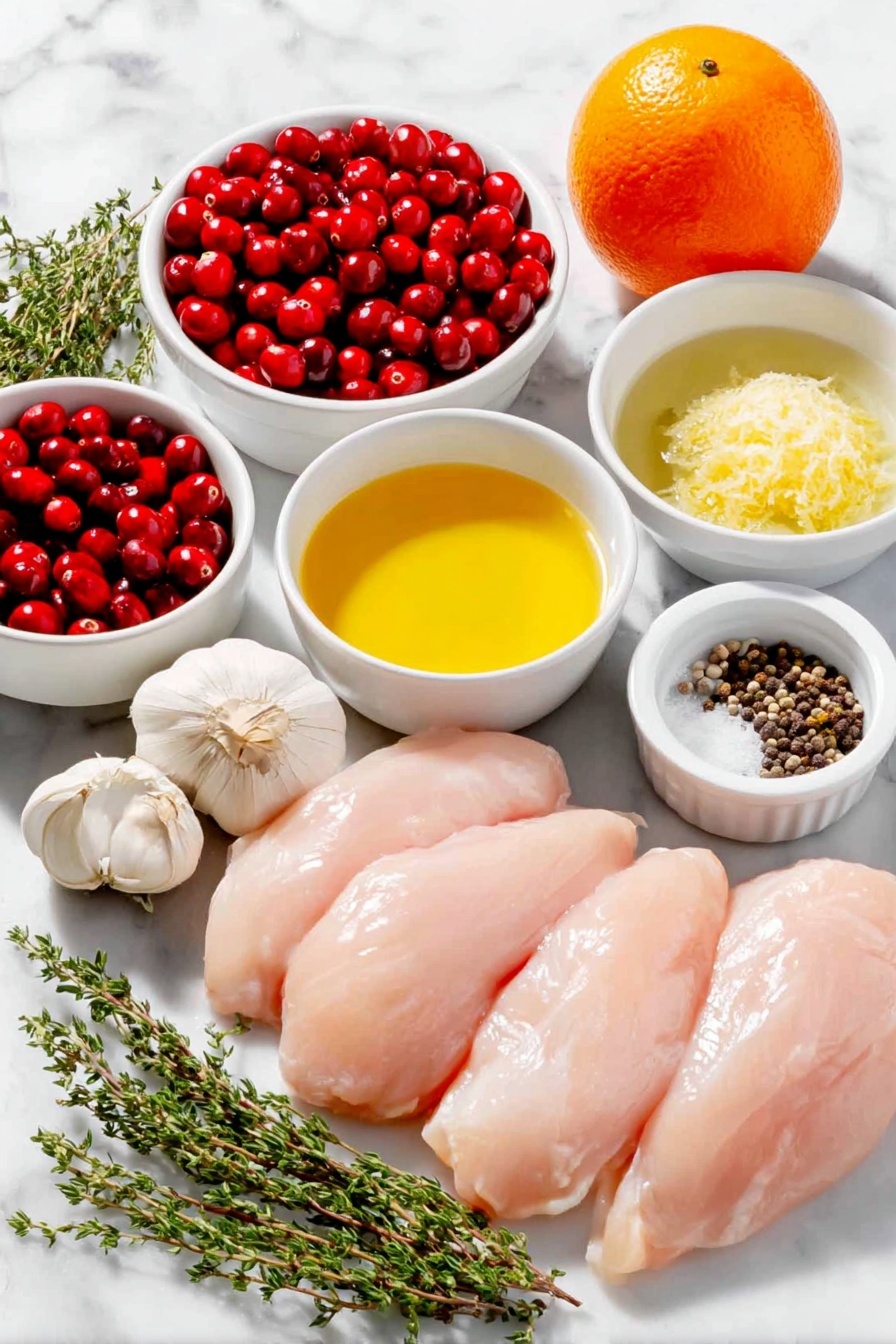 Flat lay of fresh boneless skinless chicken breasts, a small pile of bright red fresh cranberries, a whole large orange alongside a small white bowl of freshly grated orange zest and a small white bowl of orange juice, a small white bowl filled with golden honey, a small white bowl with clear olive oil, two whole uncracked garlic cloves, a few sprigs of fresh thyme and rosemary, a small white bowl of light chicken broth, a small white bowl with dark balsamic vinegar, a small white bowl containing smooth Dijon mustard, and a small white bowl with coarse salt and mixed black peppercorns, all arranged with perfect symmetry and balanced proportions on a clean white marble surface, soft natural light, photo taken with an iPhone, professional food photography style, fresh ingredients, white ceramic bowls, no bottles, no duplicates, no utensils, no packaging --ar 2:3 --v 7 --p m7354615311229779997 - Cranberry Orange Chicken, easiest cranberry chicken recipe, citrus chicken dinner, quick holiday chicken, flavorful chicken with cranberries