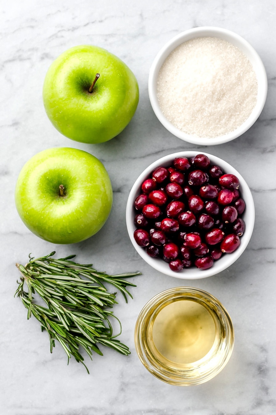 Flat lay of two fresh green apples, a small pile of vibrant red cranberries, a small white ceramic bowl filled with granulated sugar, a neat bunch of fresh rosemary sprigs, a small white ceramic bowl containing sparkling apple cider, a small white ceramic bowl holding Moscato wine, placed on a clean white marble surface, soft natural light, photo taken with an iPhone, professional food photography style, fresh ingredients, white ceramic bowls, no bottles, no duplicates, no utensils, no packaging --ar 2:3 --v 7 --p m7354615311229779997 - Festive Cranberry Green Apple Sangria, holiday sangria recipe, Christmas fruit punch, holiday drinks, easy holiday cocktail