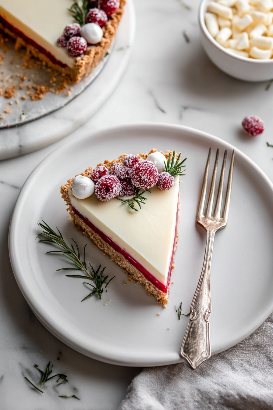 A white plate holds one slice of a tart with three visible layers: a crumbly light brown crust at the bottom, a thin bright red middle layer, and a thick smooth cream-colored top layer. The slice is decorated on the crust edge with three sugared red berries, three white dollops, and two small sprigs of fresh green rosemary. A vintage silver fork rests on the right side of the plate. The tart pie with the same decorations is partially visible in the upper left corner on a white marbled surface. A small white bowl with white chips is seen in the top right corner, and a light gray cloth is laid at the bottom edge of the image. Photo taken with an iphone --ar 2:3 --v 7 - Cranberry White Chocolate Tart, Cranberry White Chocolate Tart Recipe, Holiday Cranberry Tart, Elegant Cranberry Dessert, White Chocolate Cranberry Tart