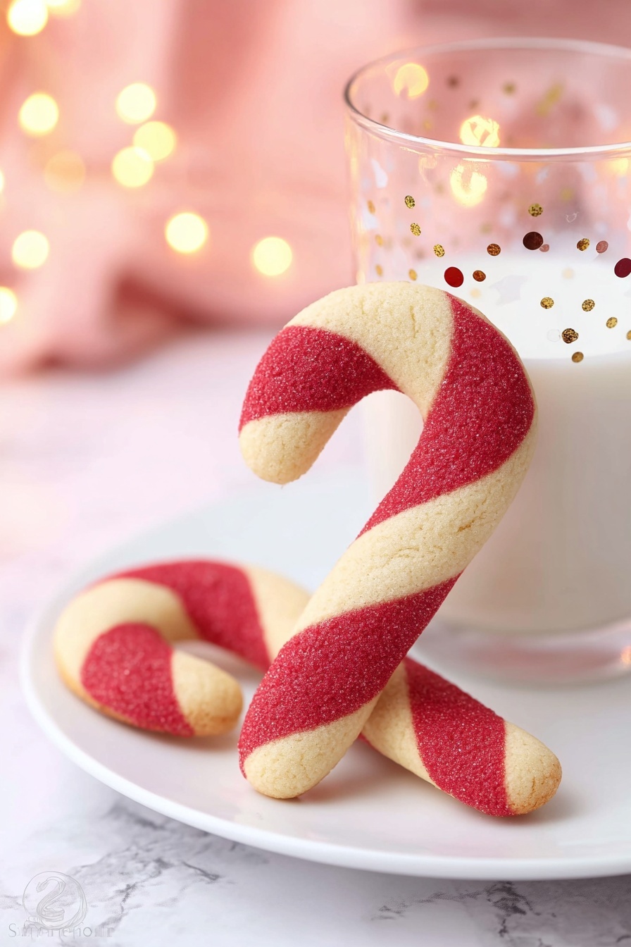 A collection of candy cane-shaped cookies laid out on a white marbled surface, each cookie featuring two colors twisted in a spiral: a creamy beige and a bright red. There are about a dozen whole cookies and a few broken ones with crumbs scattered around them. In the top right corner, a clear glass of milk is partially visible. The cookies have a smooth texture with a slight matte finish. Some small pieces of red and white peppermint candies are scattered near the bottom left. The scene is bright and clean, with a festive holiday feel. photo taken with an iphone --ar 2:3 --v 7 - Candy Cane Cookies, holiday peppermint cookies, festive Christmas cookies, easy Christmas cookie recipes, peppermint swirl cookies