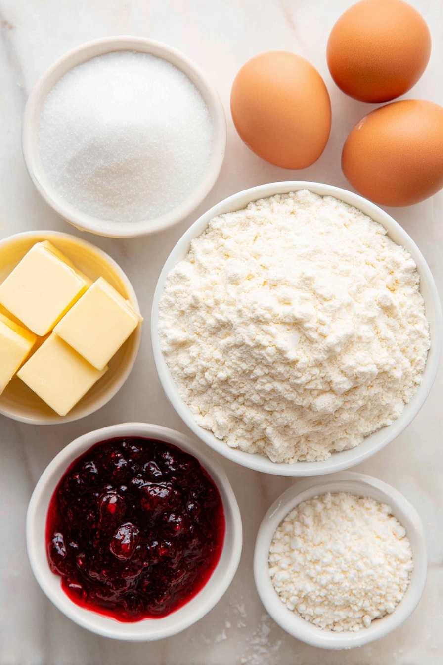 Flat lay of a small mound of pale yellow butter at room temperature, a small white ceramic bowl of fine white icing sugar, two whole brown eggs with clean shells, a small white ceramic bowl of fine sifted all-purpose flour, a small white ceramic bowl filled with glossy deep red Italian raspberry jam, a few loose grains of coarse salt, a vanilla bean pod, and a small pile of extra flour for rolling out dough, all arranged in perfect symmetry on a clean white marble surface, soft natural light, photo taken with an iPhone, professional food photography style, fresh ingredients, white ceramic bowls, no bottles, no duplicates, no utensils, no packaging --ar 2:3 --v 7 --p m7354615311229779997 - Raspberry Linzer Cookies, raspberry jam cookies, buttery Linzer cookies, holiday cookie recipes, jam-filled cookies