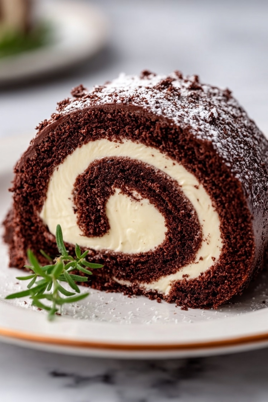 A close-up view of a chocolate roll cake slice on a white plate with a subtle gold rim, placed on a white marbled surface. The cake has two main layers spiraling inward: the outer layer is a rich, dark brown chocolate sponge, soft and textured, wrapping around a thick, creamy off-white filling that contrasts sharply with the dark cake. The outside of the roll is coated in a layer of rough chocolate frosting, and a light dusting of powdered sugar covers the top edges and part of the plate. A small green herb leaf is placed casually beside the cake slice. photo taken with an iphone --ar 2:3 --v 7 - Chocolate Yule Log Cake, Yule Log Cake, holiday chocolate cake, festive Christmas dessert, chocolate roulade