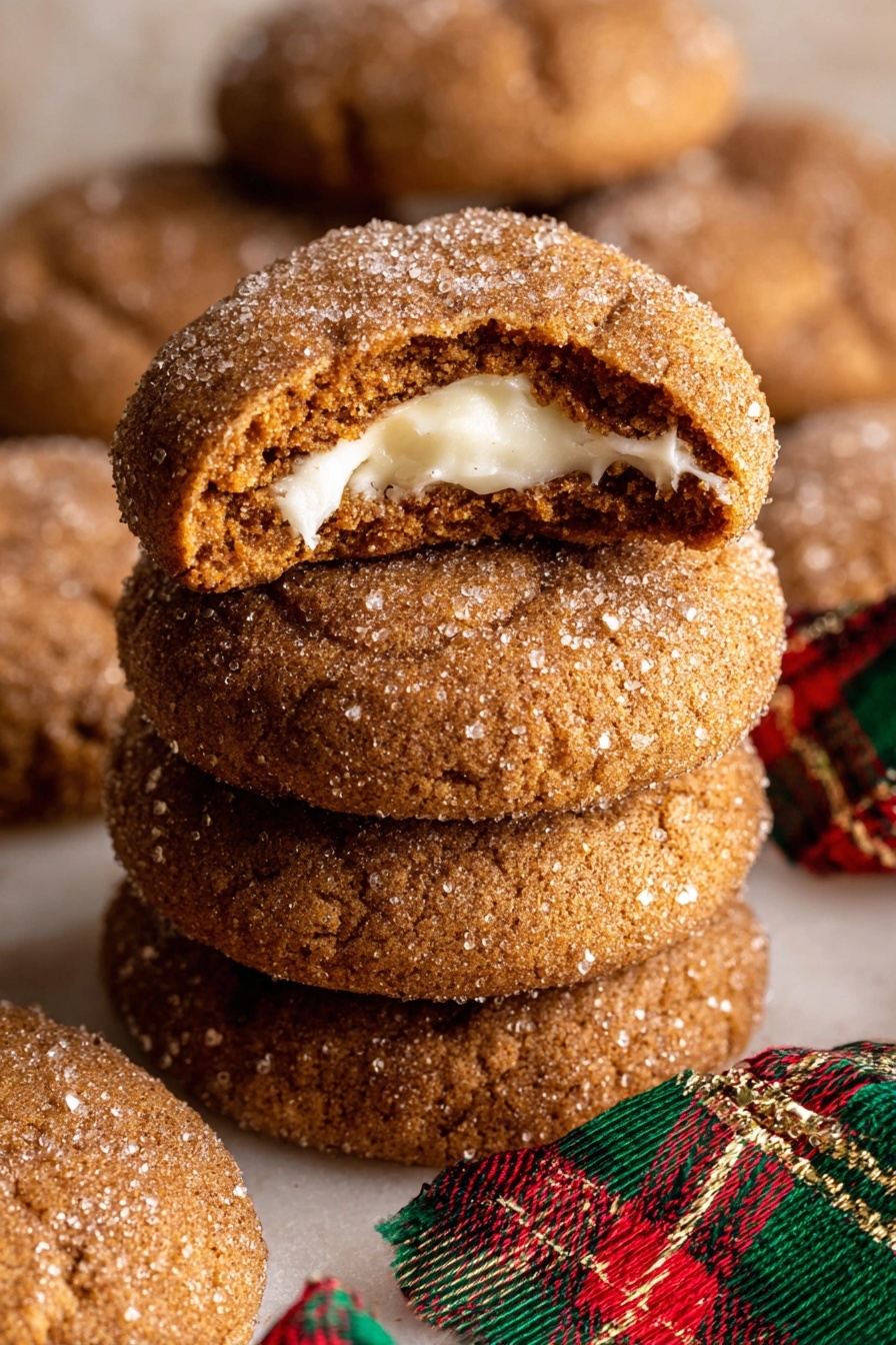 The image shows a close-up of a group of soft ginger cookies with a light sugar coating, arranged on a white marbled surface. In the center, one cookie is bitten, showing a cream filling inside with a smooth white texture. Around these cookies are small gingerbread man cookies decorated with white icing for faces and buttons. A red and green plaid ribbon weaves through the cookies, adding a festive touch, and a small shiny red ornament ball is placed near the top left corner. The overall colors are warm browns from the cookies and bright reds and greens from the ribbon and ornament. Photo taken with an iphone --ar 2:3 --v 7 - Gingerbread Cheesecake Cookies, holiday spice cookies, festive cheesecake cookies, easy gingerbread cookies, Christmas treat recipes