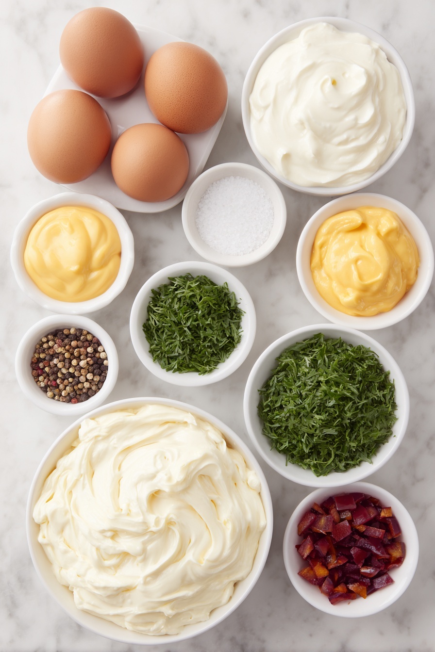 Flat lay of one dozen whole uncracked brown and white eggs, a small white ceramic bowl of creamy mayonnaise, a small white ceramic bowl of smooth yellow mustard, a small white ceramic bowl filled with glossy dill pickle relish, a small white ceramic bowl heaping with freshly chopped vibrant green parsley, a small white ceramic bowl of finely chopped fresh dill sprigs, a small white ceramic bowl of bright red diced bell pepper, a small white ceramic bowl with fine kosher salt crystals, and a small white ceramic bowl of coarsely ground black peppercorns, all ingredients fresh and natural, arranged with perfect symmetry and balanced proportions, placed on a clean white marble surface, soft natural light, photo taken with an iPhone, professional food photography style, fresh ingredients, white ceramic bowls, no bottles, no duplicates, no utensils, no packaging --ar 2:3 --v 7 --p m7354615311229779997 - Christmas Tree Deviled Eggs, festive deviled eggs, holiday appetizer ideas, Christmas party snacks, easy holiday recipes