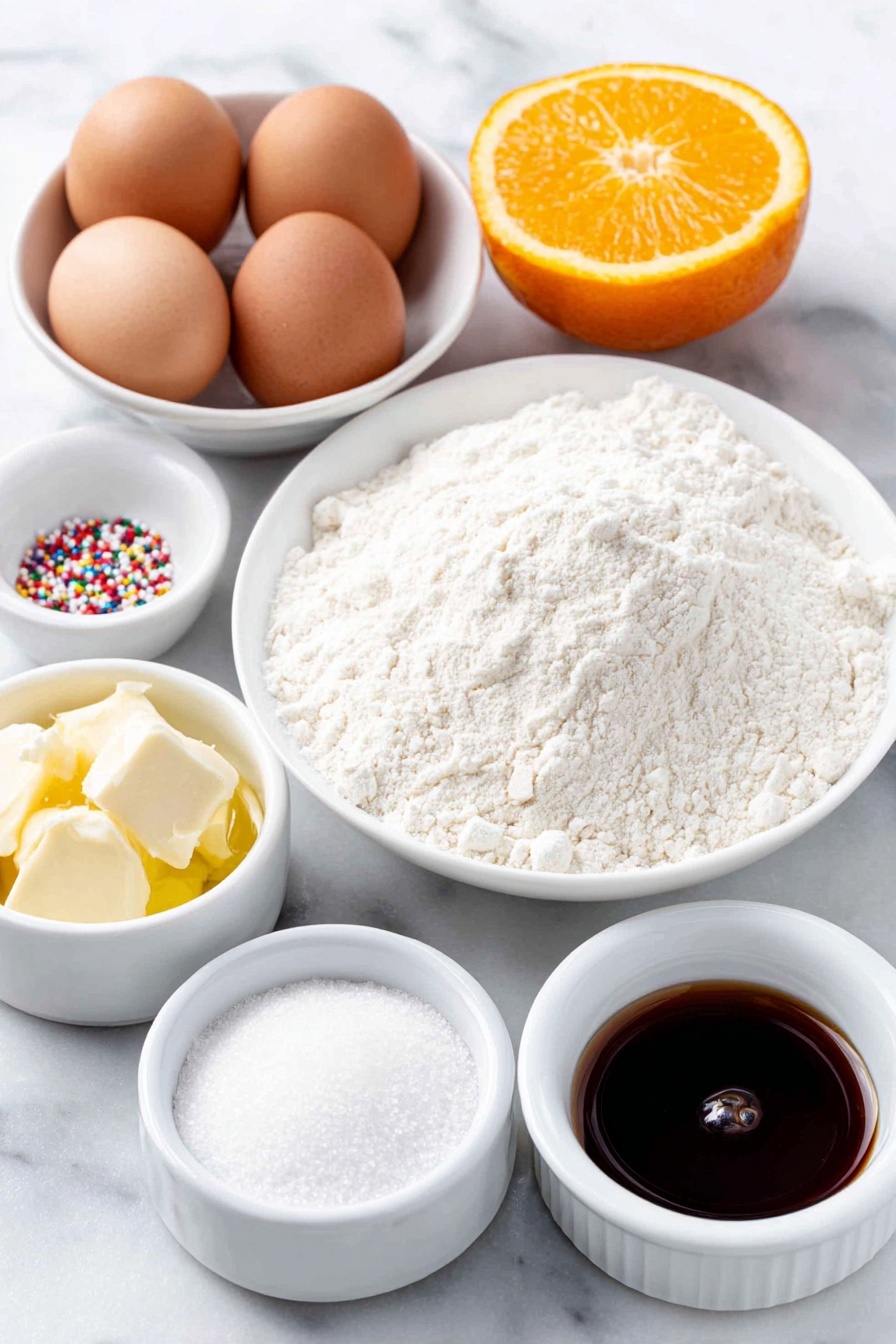 Flat lay of a small heap of fine Italian 00 flour on a simple white ceramic plate, a few brown whole eggs with clean shells arranged neatly beside it, a small white bowl filled with granulated white sugar, a small white bowl containing a golden melted butter pool, a small white bowl holding dark amber honey, an unpeeled fresh orange with a single bright orange zest spiral beside it, a small white bowl with dark rum, a pinch of fine white baking powder and salt neatly placed on small white ceramic dishes, a few colorful round sprinkles scattered lightly nearby, all ingredients fresh and natural, perfectly balanced and symmetrical on a clean white marble surface, soft natural light, photo taken with an iPhone, professional food photography style, fresh ingredients, white ceramic bowls, no bottles, no duplicates, no utensils, no packaging --ar 2:3 --v 7 --p m7354615311229779997 - Italian Honey Balls (Struffoli), Italian dessert recipes, holiday treats, traditional Italian sweets, crispy honey balls