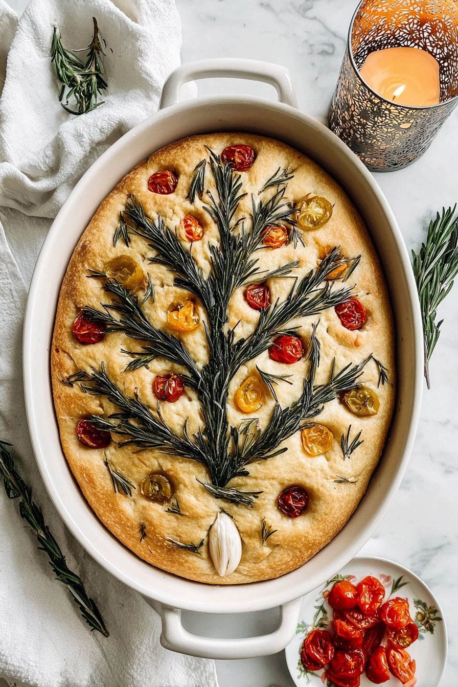 An oval white ceramic dish holds a single large focaccia bread with a golden crust. The top of the bread is decorated with three branches of green rosemary that spread across it like a tree, with small red and orange cherry tomatoes and slices of white onion placed between the rosemary sprigs. The bread has some dimples and a lightly browned surface. The dish is on a white marbled surface, next to a white towel with green stripes, a small white plate with blue floral design holding more cherry tomatoes, onion halves, and rosemary sprigs, and a lit candle in a decorative holder. photo taken with an iphone --ar 2:3 --v 7 - Festive Christmas Tree Focaccia, Christmas tree bread, holiday focaccia recipe, Christmas bread ideas, festive bread decoration