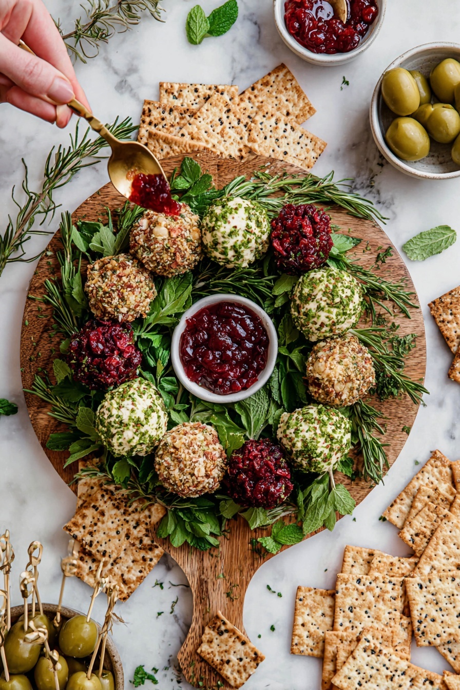 A round wooden board holds a wreath made of small cheese balls covered in three different coatings: bright red chopped dried cranberries, finely chopped green herbs with bits of nuts, and crumbly light brown nuts mixed with green herbs. The wreath is decorated with fresh green leaves of mint, parsley, rosemary, and thyme, placed evenly around and inside the wreath, creating a lively frame. Around the board, there are scattered dried cranberries and pecans on a white marbled surface. On the left side, white bowls filled with dried cranberries and red jam, along with square and rectangular crackers, are partially visible. photo taken with an iphone --ar 2:3 --v 7 - Cheese Ball Wreath, festive appetizer, holiday cheese ball, cheese ball ideas, party appetizer recipes