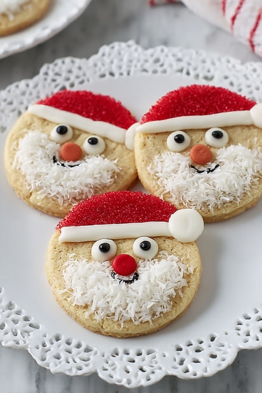 A round cookie with a light brown color forms the base. At the top, a red layer made of small sugar sprinkles creates a Santa hat shape, topped with a small white dollop on the right side as the hat's tip. Two white circular candy eyes with black dots sit near the top center. A small red candy circle is placed below the eyes acting as a nose. The bottom part of the cookie is covered with white shredded coconut, shaped to look like a fluffy beard. Part of a small white bowl with white marshmallows is visible in the top left corner, all placed on a white marbled surface photo taken with an iphone --ar 2:3 --v 7 - Santa Sugar Cookies, holiday sugar cookies, festive holiday baking, Christmas cookie decorating, easy holiday cookie recipe