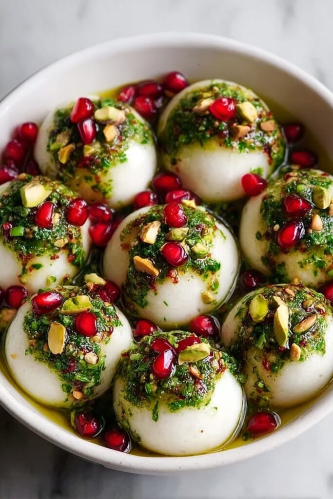 Festive Burrata Balls with Pomegranate and Pistachios Recipe