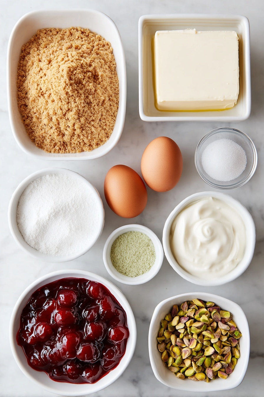 Flat lay of a small white ceramic bowl of golden graham cracker crumbs, a small white bowl of finely ground green pistachios, a small white bowl of white granulated sugar, a small white bowl of melted butter with a glossy surface, a block of creamy white cream cheese with smooth edges, two whole uncracked brown eggs, a small white bowl of thick sour cream, a small white bowl containing pale green pistachio pudding powder, a small white bowl of clear vanilla extract, a small white ceramic bowl filled with bright red cherry pie filling studded with whole cherries, and a small white bowl of shelled green pistachio nuts—all arranged symmetrically on a clean white marble surface, soft natural light, photo taken with an iPhone, professional food photography style, fresh ingredients, white ceramic bowls, no bottles, no duplicates, no utensils, no packaging --ar 2:3 --v 7 --p m7354615311229779997 - Cherry Pistachio Cheesecake, Cherry Pistachio Cheesecake Recipe, Elegant Cheesecake with Cherry and Pistachios, No-Bake Cherry Pistachio Dessert, Nutty Cherry Cheesecake