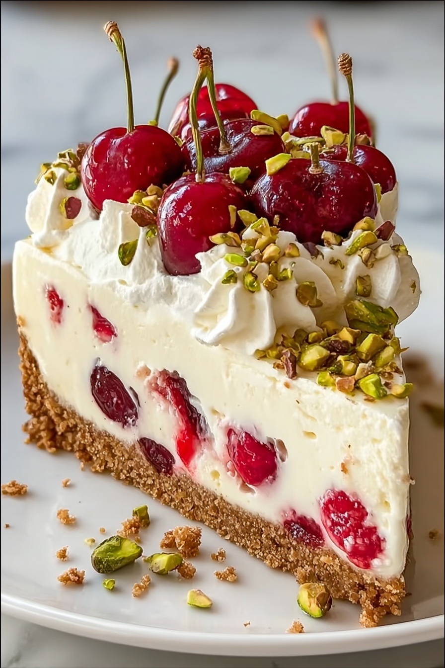 A close-up view of a slice of cheesecake showing four visible layers: a crumbly, golden brown biscuit base at the bottom; a thick, creamy white layer filled with whole green pistachios and bright red cherries embedded inside; a thin layer of red cherry jelly atop the cream; and a fluffy white whipped cream topping decorated with whole shiny red cherries, green pistachios, and small golden brown biscuit crumbs scattered over the top, all served on a white plate with a silver fork beside it, placed on a white marbled surface. photo taken with an iphone --ar 2:3 --v 7 - Cherry Pistachio Cheesecake, Cherry Pistachio Cheesecake Recipe, Elegant Cheesecake with Cherry and Pistachios, No-Bake Cherry Pistachio Dessert, Nutty Cherry Cheesecake