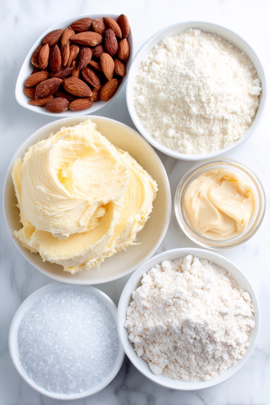 Flat lay of a smooth mound of dairy-free buttery spread, a small heap of fine confectioner's sugar, a neat pile of plain flour, a small white bowl with a light mixture of corn starch and water, a tiny white bowl with golden vanilla bean paste, a few whole almonds alongside a small white bowl of almond milk, and a small white bowl filled with sparkling white sugar crystals, all arranged symmetrically on a simple white ceramic surface, placed on a clean white marble surface, soft natural light, photo taken with an iPhone, professional food photography style, fresh ingredients, white ceramic bowls, no bottles, no duplicates, no utensils, no packaging --ar 2:3 --v 7 --p m7354615311229779997 - Vegan Danish Butter Cookies, vegan buttery cookies, dairy-free Danish cookies, plant-based cookie recipes, vegan buttery shortbread