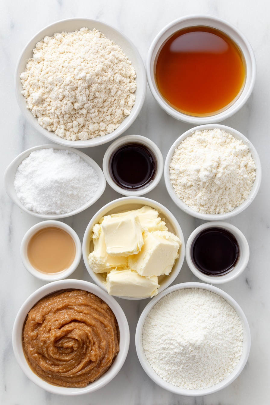 Flat lay of a small mound of superfine oat flour, a small mound of white rice flour, a small mound of superfine almond flour, a small pile of white tapioca starch, a small heap of fine salt, a small heap of baking powder, a small white ceramic bowl filled with amber pure maple syrup, a small white ceramic bowl of raw cashew butter showing its creamy texture, a small white ceramic bowl of clear vanilla extract, a small white ceramic bowl of powdered sugar, a small white ceramic bowl of lite coconut milk, all arranged in perfect symmetry on a clean white marble surface, soft natural light, photo taken with an iPhone, professional food photography style, fresh ingredients, white ceramic bowls, no bottles, no duplicates, no utensils, no packaging --ar 2:3 --v 7 --p m7354615311229779997 - Vegan Gluten-Free Sugar Cookies, allergy-friendly sugar cookies, easy vegan cookie recipe, gluten-free holiday treats, dairy-free cookie ideas