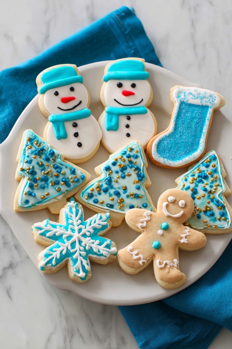 The image shows several frosted sugar cookies shaped like a snowman, a Christmas tree, a mitten, a gingerbread person, and a star, all on a white marbled surface. The snowman cookie has two layers: a smooth white icing base and blue icing details for a hat and scarf, three black dots for buttons, two black eyes, and a small red smile. The Christmas tree cookie has a white icing base with blue swirly lines and small gold balls for decoration. The mitten cookie has a white icing base with sparkling white sugar on the bottom half and a solid blue top. The gingerbread person has a tan base with blue zigzag and dot details on top. The star cookie has a white icing base with blue icing lines and dots, plus small gold balls at points. Some blue and white sugar sprinkles are scattered around the cookies. Photo taken with an iphone --ar 2:3 --v 7 - Vegan Gluten-Free Sugar Cookies, allergy-friendly sugar cookies, easy vegan cookie recipe, gluten-free holiday treats, dairy-free cookie ideas