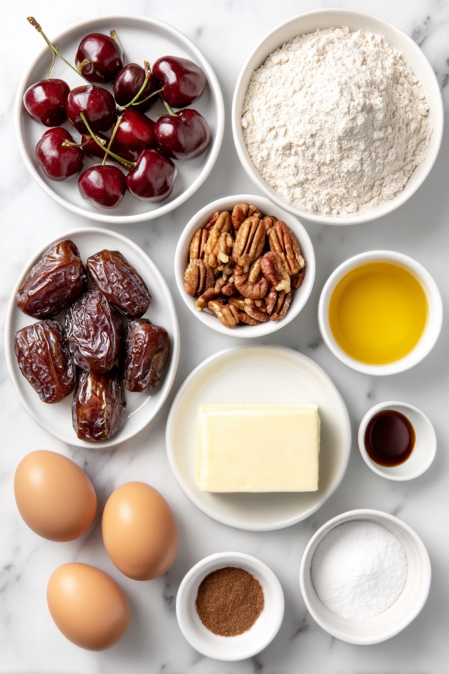 Flat lay of a small mound of all-purpose flour on a simple white ceramic plate, whole unshelled walnuts and whole unshelled pecans arranged neatly, a small cluster of bright red fresh cherries (not jarred) with stems intact on a white ceramic dish, assorted candied fruits in varied colors on a white ceramic bowl, whole pitted dates with glossy skins on a white plate, plump golden raisins in a white ceramic bowl, thin slices of fresh pineapple arranged flat on a white plate, a half stick of unsalted butter on a white ceramic dish, two whole uncracked brown eggs with clean shells, a small white ceramic bowl filled with dark glossy corn syrup, a small white bowl with light orange fruit juice, a small white ceramic bowl containing fine granulated sugar, white ceramic bowls with measured ground cinnamon, allspice, cloves, baking powder and salt displayed as fine powders on white ceramic spoons, arranged in perfect symmetry without duplicates, all ingredients fresh and natural, placed on a clean white marble surface, soft natural light, photo taken with an iPhone, professional food photography style, fresh ingredients, white ceramic bowls, no bottles, no duplicates, no utensils, no packaging --ar 2:3 --v 7 --p m7354615311229779997 - Healthy Fruit Nut Bundt Cake, healthy fruit cake, nut and fruit bundt cake, nutritious fruit cake recipe, light fruit nut cake