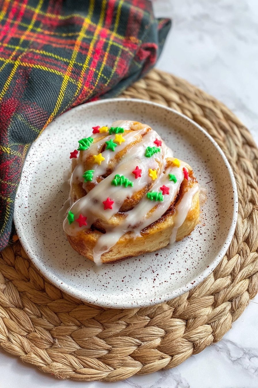 A single cinnamon roll sits in the center of a white plate with small black speckles. The cinnamon roll has four visible thick layers with a light brown, baked texture and is covered by a thick layer of white icing drizzled unevenly over the top. Scattered on the icing are small red, green, and yellow Christmas-themed sprinkles shaped like trees, candy canes, and stars. The plate rests on a natural woven round mat, and a dark cloth with multicolored plaid stripes of yellow, red, and green lies underneath, all set on a white marbled surface. Photo taken with an iphone --ar 2:3 --v 7 - Christmas Tree Cinnamon Rolls, festive cinnamon rolls, holiday breakfast ideas, easy Christmas treats, Christmas baking desserts