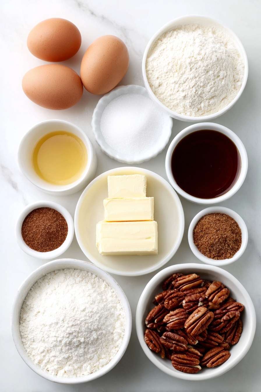 Flat lay of a small white ceramic bowl of warm water, two whole uncracked brown eggs, a small white ceramic bowl of honey, a small white ceramic bowl of melted butter, a small white ceramic bowl of kosher salt, a small white ceramic bowl of active dry yeast, a small white ceramic bowl of vanilla extract, a small white ceramic bowl of sea salt, a small white ceramic bowl of granulated sugar, a small white ceramic bowl of brown sugar, a small white ceramic bowl of ground cinnamon, a small white ceramic bowl of ground nutmeg, a small white ceramic bowl of cornstarch, a mound of unbleached all-purpose flour, a small white ceramic bowl of softened unsalted butter, a small white ceramic bowl of softened salted butter, a handful of fresh pecan halves and a small pile of chopped pecans, all arranged in perfect symmetry on a clean white marble surface, soft natural light, photo taken with an iPhone, professional food photography style, fresh ingredients, white ceramic bowls, no bottles, no duplicates, no utensils, no packaging --ar 2:3 --v 7 --p m7354615311229779997 - Caramel Pecan Rolls Christmas, holiday caramel pecan rolls, festive cinnamon pecan rolls, buttery caramel sticky buns, Christmas dessert recipes