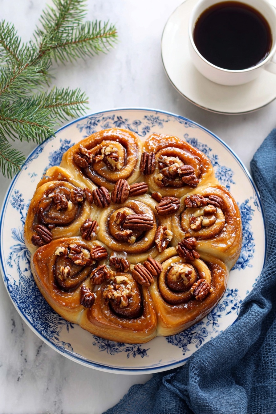 A round cinnamon roll cake with seven swirled rolls arranged closely in a circle on a white plate with blue floral designs, each roll is golden brown and topped with dark brown pecan halves, some pecans are placed in the center while others decorate the edges of the rolls. The rolls have a shiny glaze giving them a glossy look. The plate sits on a white marbled surface with a dark blue cloth napkin partially visible at the bottom right. At the top right, there is a white cup filled with black coffee on a matching white saucer. A small green pine branch is placed on the left side of the plate. photo taken with an iphone --ar 2:3 --v 7 - Caramel Pecan Rolls Christmas, holiday caramel pecan rolls, festive cinnamon pecan rolls, buttery caramel sticky buns, Christmas dessert recipes