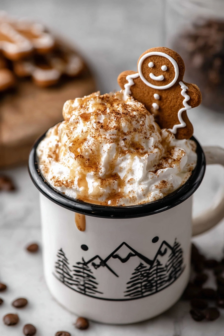 A white mug with a black rim and a simple black mountain and tree design holds a drink topped with a thick layer of fluffy white whipped cream. The whipped cream is sprinkled with brown cinnamon powder and drizzled with light brown syrup. A smiling gingerbread cookie with white icing details is resting on top, leaning against the whipped cream. The mug sits on a white marbled surface with a blurred background that shows more gingerbread cookies and coffee beans. Photo taken with an iphone --ar 2:3 --v 7 - Gingerbread Latte, homemade gingerbread latte, spiced coffee drink, holiday latte recipe, cozy winter beverages