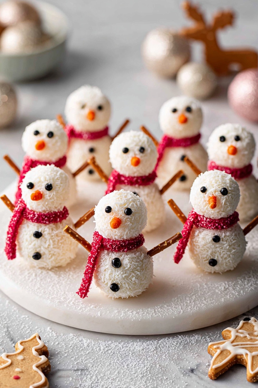 The image shows a group of small snowman-shaped treats arranged on a round white marble board. Each snowman has two round white layers covered in a powdery texture resembling coconut flakes, stacked vertically to form the body and head. They have tiny black eyes and buttons made from small black dots, and an orange nose shaped like a small cone in the middle of the face. A bright red candy scarf wraps around the neck of each snowman, textured with small sugar crystals. Thin pretzel sticks stick out from each side of the middle layer to look like arms. The white marble board is dusted lightly with coconut flakes, and in the blurred background, a few round ornaments and small gingerbread cookies shaped like a star and a reindeer lie on the white marbled surface. photo taken with an iphone --ar 2:3 --v 7 - Vegan Coconut Snowman Truffles, vegan holiday treats, dairy-free festive desserts, coconut truffle recipe, Christmas vegan sweets