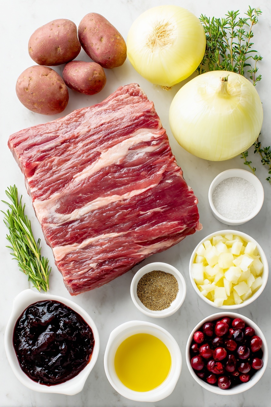 Flat lay of a large raw beef brisket flat cut with visible marbling, a small white bowl of golden olive oil, a small white bowl with a mix of coarse salt, black pepper, dried thyme and rosemary, garlic powder, and onion powder, a whole yellow onion halved—one half sliced thinly and one half diced in a small pile, five fresh garlic cloves, a small white bowl filled with glossy deep red cranberry jelly, a small white bowl with dark Worcestershire sauce, a small white bowl of dark Guinness beer, a cluster of petite red potatoes with smooth skins, a small white bowl holding plump dried cranberries, and three sprigs each of fresh green rosemary and thyme arranged symmetrically—all placed on a clean white marble surface, soft natural light, photo taken with an iPhone, professional food photography style, fresh ingredients, white ceramic bowls, no bottles, no duplicates, no utensils, no packaging --ar 2:3 --v 7 --p m7354615311229779997 - Cranberry Beef Brisket, Beef Brisket with Cranberries, Holiday Beef Roast, Tender Beef Brisket Recipe, Festive Beef Main Dish