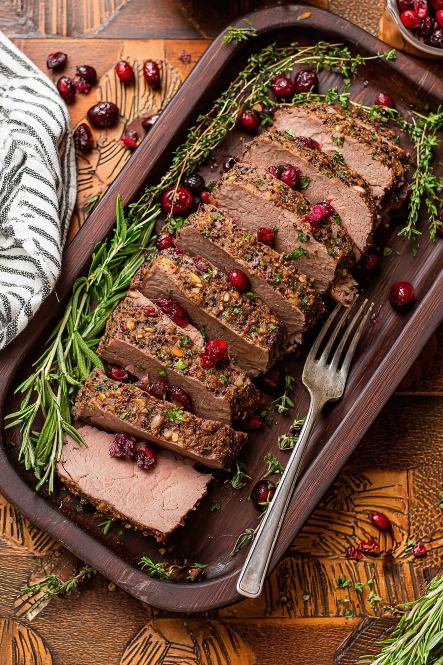 The image shows a large white rectangular baking dish with red handles, filled with a dark roasted meat roast on top, surrounded by small browned onions and dark red cooked cranberries in a rich brown sauce. Several bright green sprigs of rosemary are placed on and around the roast, adding texture and color contrast. The dish sits on a wooden textured table with a striped grey and white cloth beneath the handle. To the right, there is a white basket filled with light golden bread rolls. In the background, there is a silver carving fork and knife with black handles, along with scattered sprigs of fresh herbs, cranberries, and garlic cloves on the table. photo taken with an iphone --ar 2:3 --v 7 - Cranberry Beef Brisket, Beef Brisket with Cranberries, Holiday Beef Roast, Tender Beef Brisket Recipe, Festive Beef Main Dish