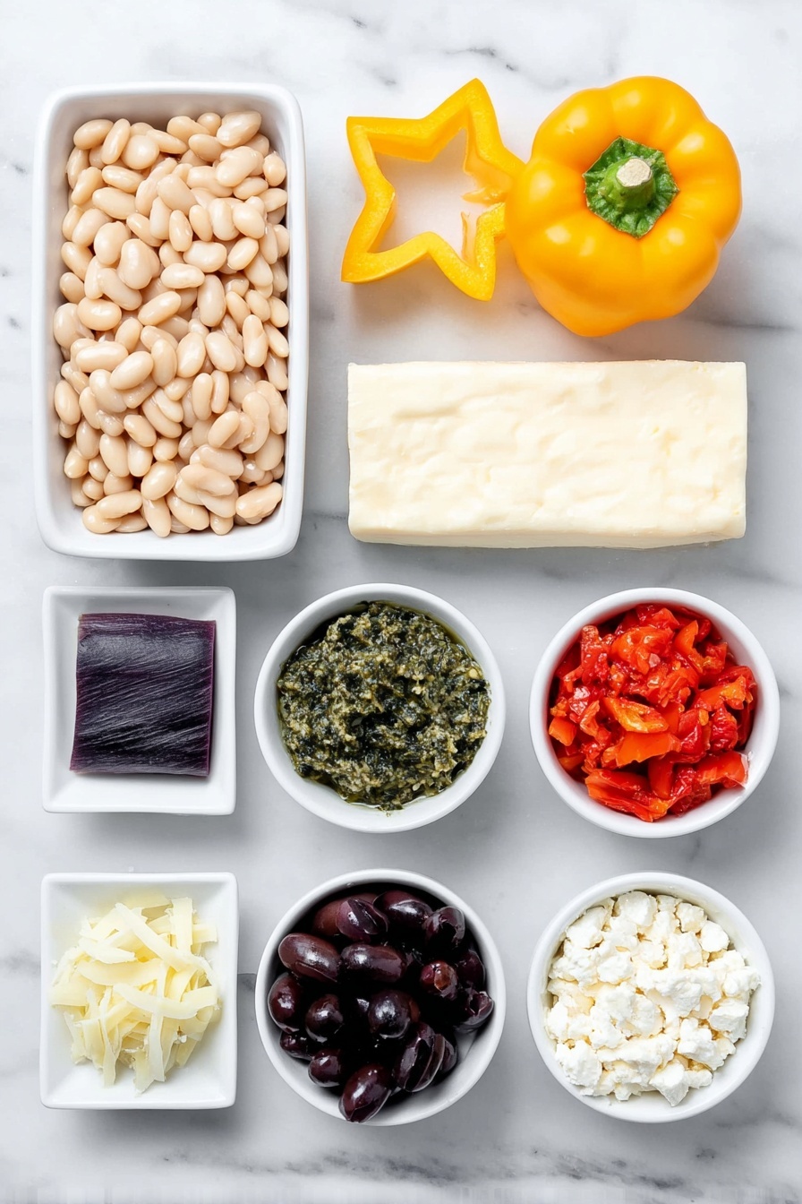 Flat lay of a small white ceramic bowl of rinsed cannellini beans, an uncut block of reduced-fat cream cheese, a small white bowl of vibrant green pesto, a fresh yellow bell pepper with one star-shaped slice cut out, a rectangular slice of dark purple-black pepper, a small white bowl of chopped artichoke hearts, a small white bowl of chopped roasted red peppers, horizontally sliced Kalamata olives arranged in a small white bowl, a few bright red Sweety Drop peppers scattered beside the bowls, and a small white bowl of crumbled reduced-fat feta cheese, all arranged in perfect symmetry on a clean white marble surface, soft natural light, photo taken with an iPhone, professional food photography style, fresh ingredients, white ceramic bowls, no bottles, no duplicates, no utensils, no packaging --ar 2:3 --v 7 --p m7354615311229779997 - Christmas Tree Bean Dip with Pesto, festive holiday appetizer, Christmas party dip, easy bean dip recipe, colorful holiday appetizer