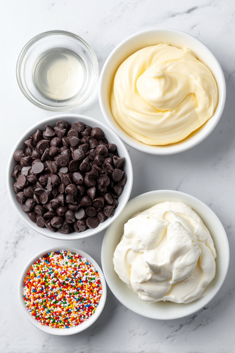 Flat lay of a small mound of glossy semi-sweet chocolate chips, a simple white ceramic bowl filled with smooth, thick sweetened condensed milk, a tiny white bowl holding clear vanilla extract, and a small white bowl overflowing with colorful round sprinkles, all arranged in perfect symmetry, placed on a clean white marble surface, soft natural light, photo taken with an iPhone, professional food photography style, fresh ingredients, white ceramic bowls, no bottles, no duplicates, no utensils, no packaging --ar 2:3 --v 7 --p m7354615311229779997 - Christmas Chocolate Truffles, holiday chocolate treats, homemade festive truffles, easy Christmas desserts, decadent holiday candies