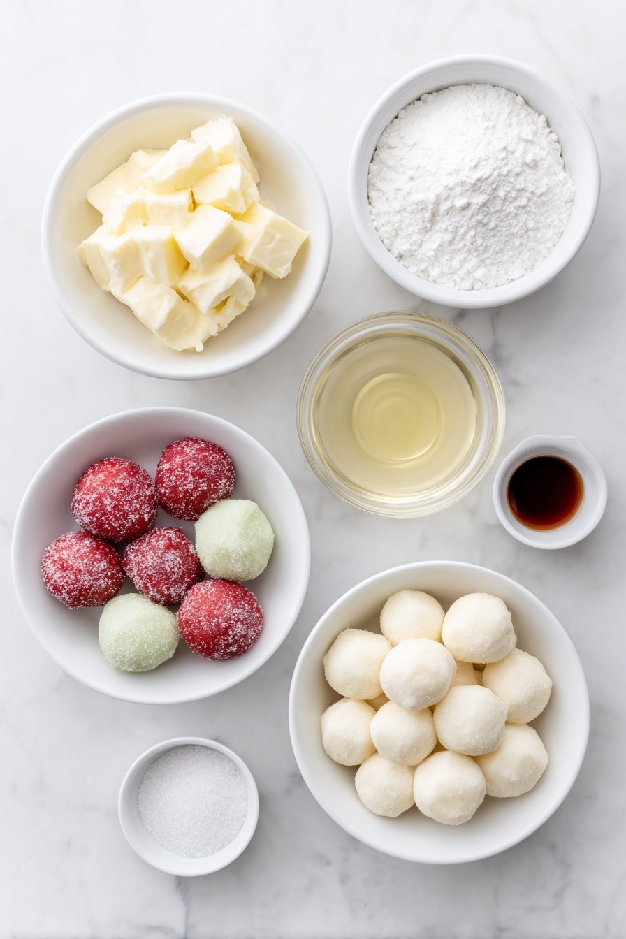 Flat lay of a small white ceramic bowl of softened butter, a small white ceramic bowl of light corn syrup, a small white ceramic bowl of clear peppermint extract, three portions of dough balls in red, green, and white hues (smooth texture, no utensils), a small white ceramic bowl of powdered sugar, a small white ceramic bowl of granulated sugar, all arranged symmetrically and proportionally, placed on a clean white marble surface, soft natural light, photo taken with an iPhone, professional food photography style, fresh ingredients, white ceramic bowls, no bottles, no duplicates, no utensils, no packaging --ar 2:3 --v 7 --p m7354615311229779997 - Peppermint Patties Recipes, homemade peppermint candies, holiday peppermint treats, easy peppermint candy recipe, festive homemade candies