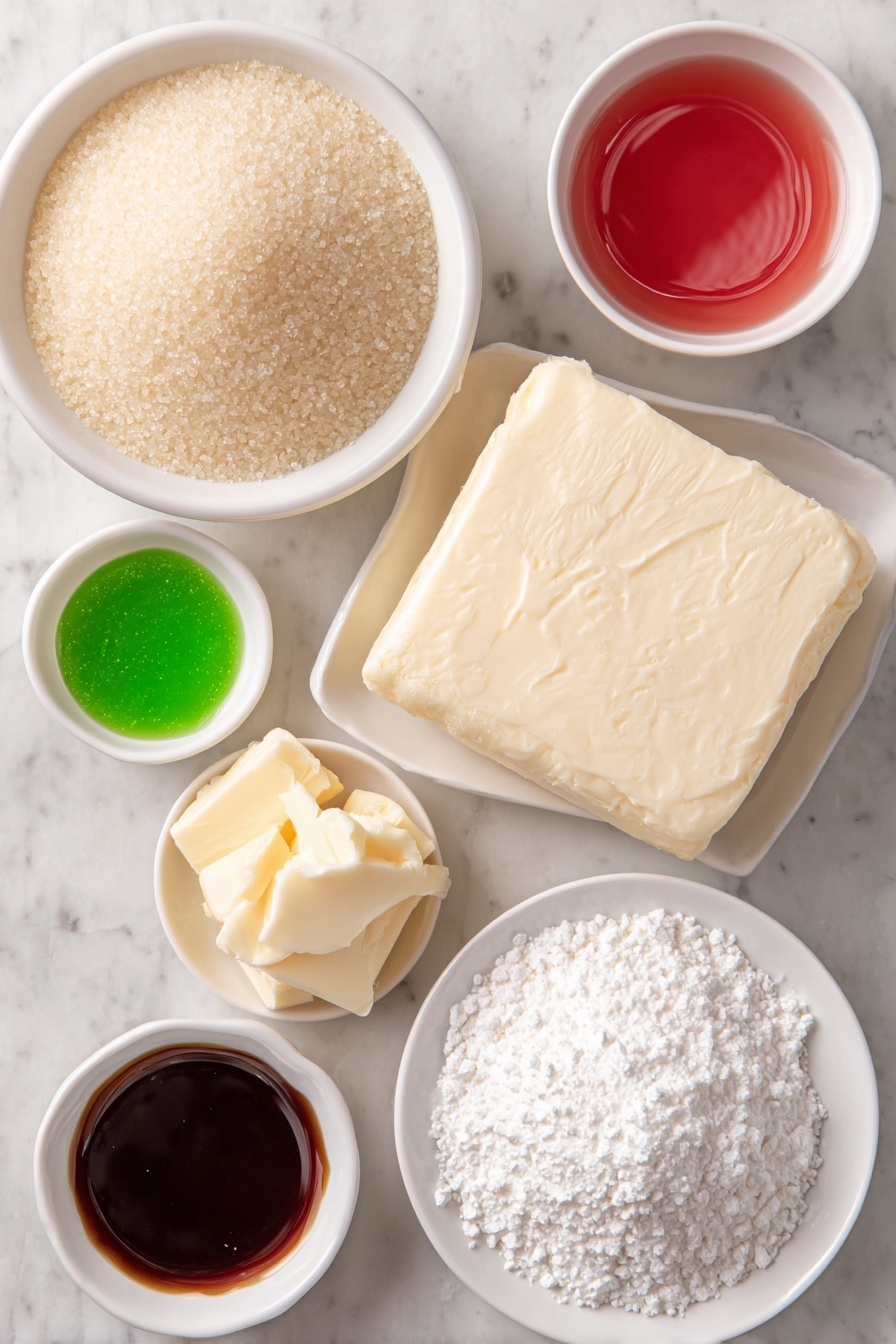 Flat lay of a small mound of granulated sugar in a simple white ceramic bowl, a block of soft cream cheese on a white ceramic plate, a few tablespoons of unsalted butter on a white dish, a small white bowl filled with clear corn syrup, a tiny white bowl with fresh peppermint extract, a heap of powdered sugar on a white ceramic plate, a few drops of vibrant green liquid food coloring in a small white bowl, a few drops of bright red liquid food coloring in another small white bowl placed symmetrically, all ingredients arranged in perfect balance and symmetry, placed on a clean white marble surface, soft natural light, photo taken with an iPhone, professional food photography style, fresh ingredients, white ceramic bowls, no bottles, no duplicates, no utensils, no packaging --ar 2:3 --v 7 --p m7354615311229779997 - No-Bake Peppermint Mints, peppermint candies, winter holiday treats, effortless festive candies, homemade peppermint mints