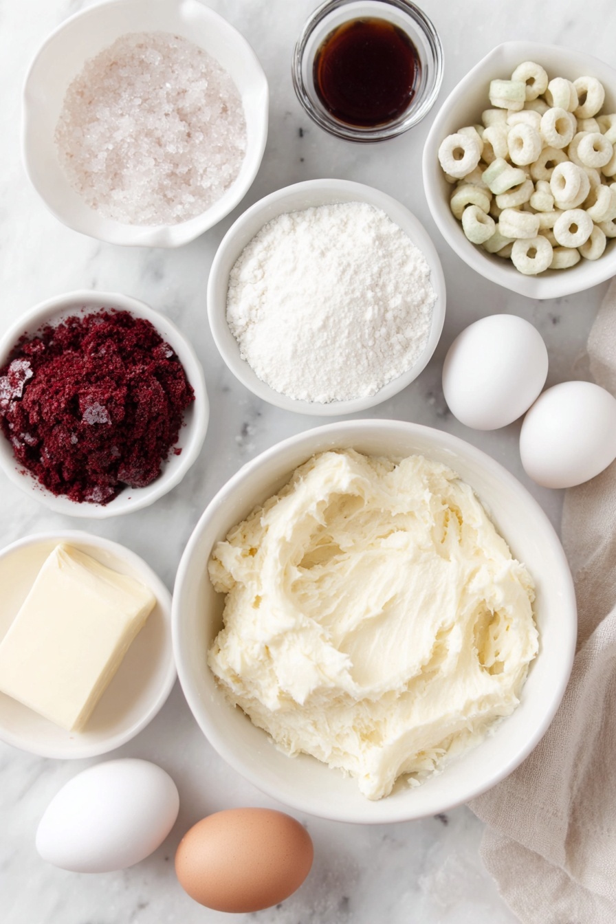 Flat lay of a simple white ceramic bowl of softened cream cheese, a small white bowl of unsalted butter softened to a creamy texture, a small white bowl filled with fine white confectioners’ sugar, two whole eggs with clean shells, a small white bowl of pure vanilla extract, a few bright red velvet cake mix crumbs, a handful of glossy green candy melts, a handful of glossy red candy melts, a handful of glossy white candy melts, a small white bowl of sparkling sanding sugar, and a few frosted Cheerios arranged neatly, all placed on a clean white marble surface, soft natural light, photo taken with an iPhone, professional food photography style, fresh ingredients, white ceramic bowls, no bottles, no duplicates, no utensils, no packaging --ar 2:3 --v 7 --p m7354615311229779997 - Festive Cake Ball Ornaments, Christmas cake ball decorations, holiday cake ball ideas, Christmas dessert ornaments, festive cake ball treats
