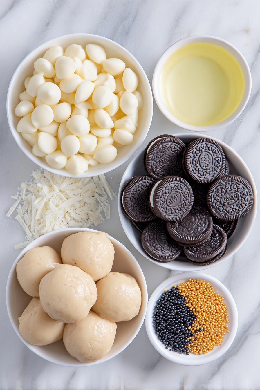 Flat lay of a small mound of smooth, pale beige cookie dough scooped into neat balls, a cluster of glossy whole mini Oreos with shiny black cookies and no visible filling, a small white ceramic bowl filled with creamy white chocolate chips, a small white bowl with translucent, pale yellow coconut oil, shiny cylindrical Rolo chocolates with visible caramel centers peeking through the milk chocolate, delicate white snowflake sprinkles scattered artfully, and tiny glossy black and vibrant orange pearl sprinkles arranged in small groups, all placed on a clean white marble surface, soft natural light, photo taken with an iPhone, professional food photography style, fresh ingredients, white ceramic bowls, no bottles, no duplicates, no utensils, no packaging --ar 2:3 --v 7 --p m7354615311229779997 - Melted Snowman Cookie Dough Bites, festive holiday treats, no-bake Christmas desserts, cute winter snack ideas, easy cookie dough bites