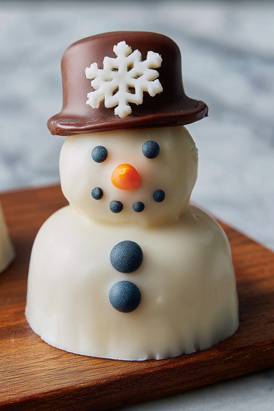 The image shows small snowman-shaped treats arranged on a surface with a white marbled texture. Each snowman has three layers: a white outer coating forming the round body and base, black candy pieces for eyes and mouth, and an orange candy for the nose. On top of each snowman is a small brown hat with a black band and a white snowflake decoration on the side. One snowman is seen with a bite taken out, revealing a light brown filling with dark spots inside. The hats are also small, round, and smooth, matching the brown color of chocolate. Photo taken with an iphone --ar 2:3 --v 7 - Melted Snowman Cookie Dough Bites, festive holiday treats, no-bake Christmas desserts, cute winter snack ideas, easy cookie dough bites