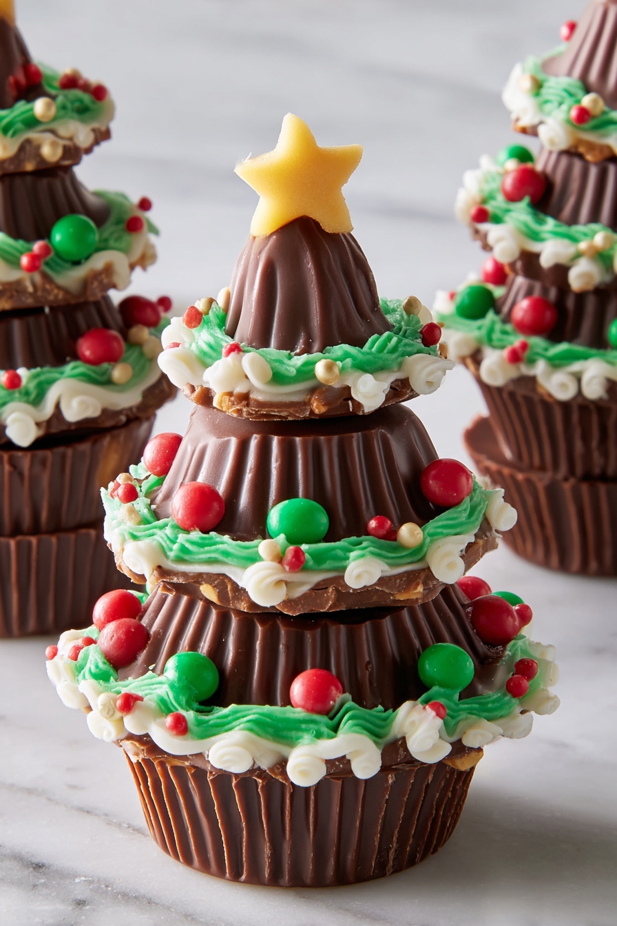 The image shows a small Christmas tree made from three stacked brown ridged chocolate cups of different sizes as layers, with the largest at the bottom and the smallest on top. A single large brown chocolate kiss forms the pointed tip of the tree, dusted with white powdered sugar to look like snow. White frosting spirals around the tree from the base to the top, decorated with small round red and green candy dots. At the very peak, a small yellow star-shaped candy sits on top. The tree stands on a white marbled surface with white powdered sugar falling gently around it, creating a snowy effect. photo taken with an iphone --ar 2:3 --v 7 - Reese's Christmas Tree Treats, Christmas Tree Treats recipe, holiday dessert ideas, festive chocolate treats, easy Christmas desserts