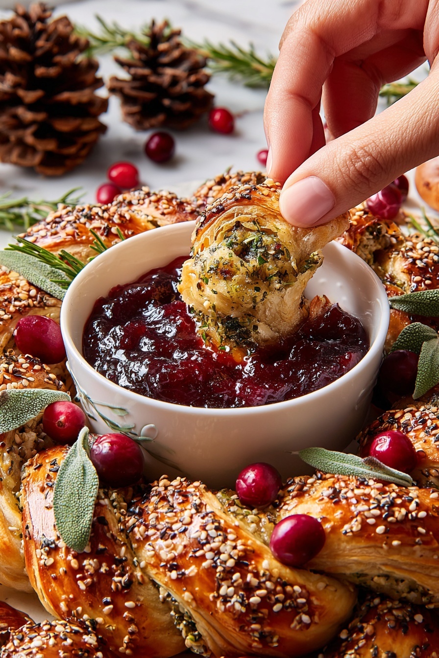 A close-up image shows a woman's hand dipping a golden brown, sesame-seed-covered pastry with green herb bits into a small white bowl filled with thick dark red cranberry sauce, which has a glossy texture and visible orange peel pieces. The bowl sits in the middle of a white marbled surface, surrounded by a ring of twisted pastries sprinkled with sesame seeds and chopped herbs. Fresh red cranberries and green herb sprigs, including rosemary and sage, are scattered decoratively around the bowl and pastries. In the background, large pine cones add a rustic touch. Photo taken with an iphone --ar 2:3 --v 7 - Sausage Roll Wreath, savory appetizer, holiday party snacks, puff pastry appetizer, crowd-pleasing appetizer