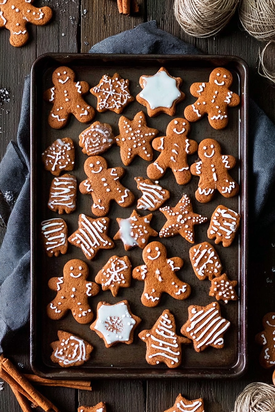 A white bowl filled with gingerbread cookies is held by two woman's hands at the bottom of the frame. The cookies are shaped like gingerbread people and stars, each decorated with white icing in different patterns such as zigzags, dots, lines, and snowflakes. The gingerbread people have smiling faces and some have buttons or scarves, while the star-shaped cookies feature intricate lace-like icing designs. The bowl sits on a white marbled surface scattered with additional decorated cookies, cinnamon sticks, a metal cookie cutter, and two small glass bottles of milk nearby. The overall color palette includes warm brown and white tones. photo taken with an iphone --ar 2:3 --v 7 - Vegan Gingerbread Cookies with Maple Syrup, vegan gingerbread cookies, sugar-free holiday cookies, dairy-free gingerbread, vegan holiday baking