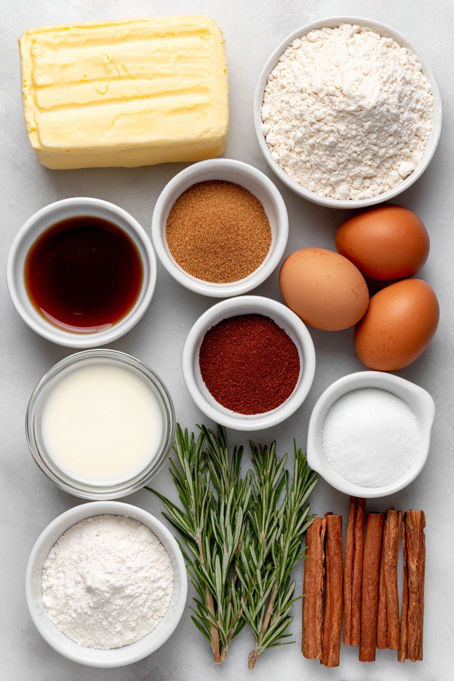 Flat lay of all-purpose flour in a small white ceramic bowl, a small white bowl with baking powder, ground ginger, ground cinnamon, ground cloves, and ground nutmeg arranged separately as fine powders, a small heap of coarse salt on white ceramic, a large slab of unsalted butter, packed dark brown sugar in a small white bowl, two whole uncracked brown eggs, molasses in a small white bowl showing its glossy dark texture, vanilla beans next to a small white bowl with vanilla extract, a small white bowl of buttermilk, baking soda powder in a small white bowl, heavy cream in a small white bowl, powdered sugar in a small white bowl, several cinnamon sticks, a few star anise pods, translucent candied ginger slices, and fresh rosemary sprigs arranged symmetrically, placed on a clean white marble surface, soft natural light, photo taken with an iPhone, professional food photography style, fresh ingredients, white ceramic bowls, no bottles, no duplicates, no utensils, no packaging --ar 2:3 --v 7 --p m7354615311229779997 - Spiced Gingerbread Wreath Cake Holiday Dessert Easy Festive Christmas Gingerbread Cake