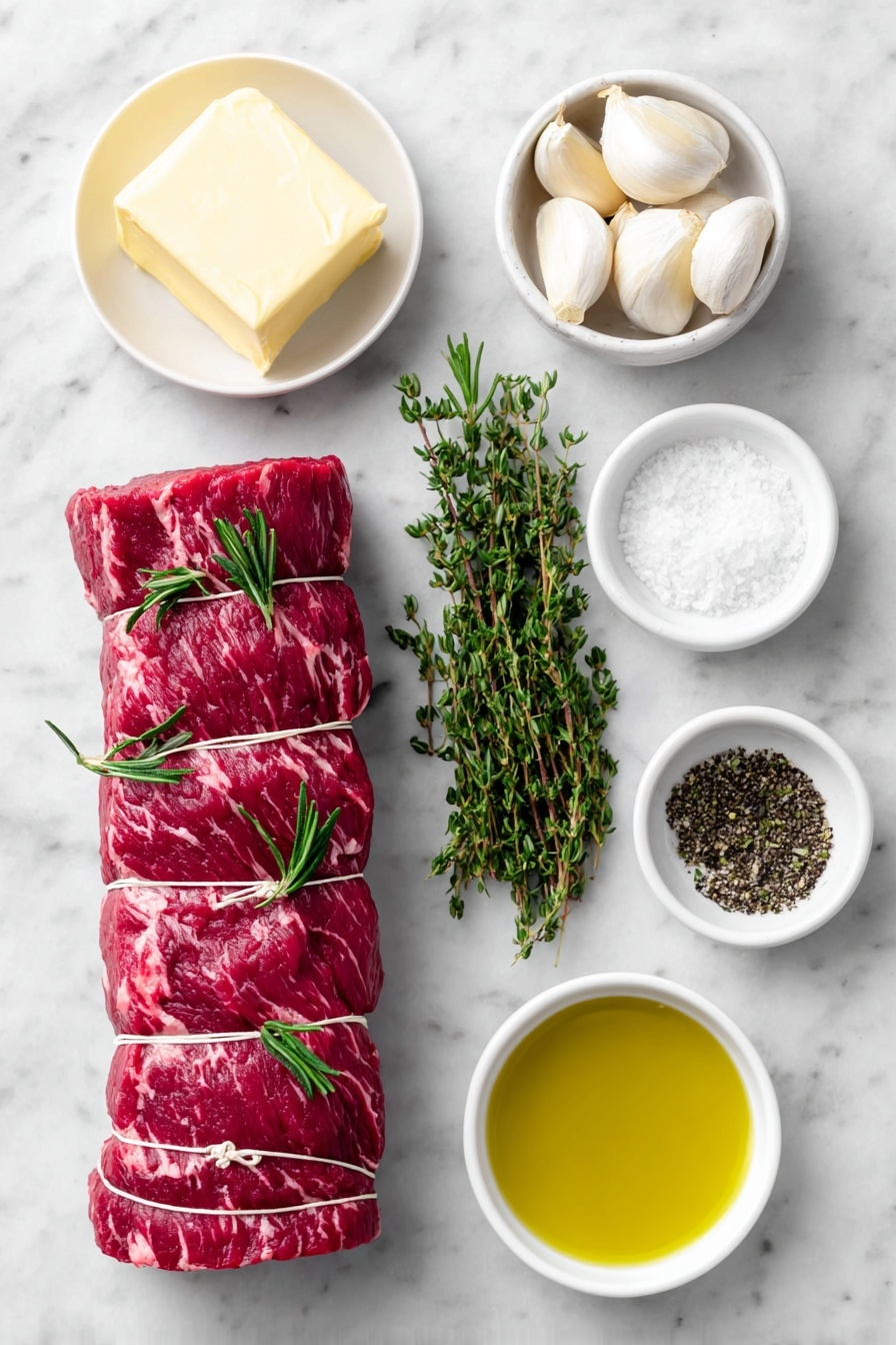 Flat lay of a whole raw center-cut beef tenderloin roast, tied with kitchen twine and trimmed, a few sprigs of fresh rosemary and thyme arranged neatly, six peeled garlic cloves clustered together, a small white ceramic bowl holding soft pale yellow butter, a small white ceramic bowl with coarse kosher salt crystals, a small white ceramic bowl filled with freshly ground black pepper, a small white ceramic bowl containing golden avocado oil, all ingredients fresh and natural, perfectly balanced and symmetrical, placed on a clean white marble surface, soft natural light, photo taken with an iPhone, professional food photography style, fresh ingredients, white ceramic bowls, no bottles, no duplicates, no utensils, no packaging --ar 2:3 --v 7 --p m7354615311229779997 - Herbed Garlic Butter Beef Tenderloin, Beef Tenderloin with Garlic Herb Butter, Juicy Beef Roast, Elegant Beef Dinner, Holiday Beef Main Course