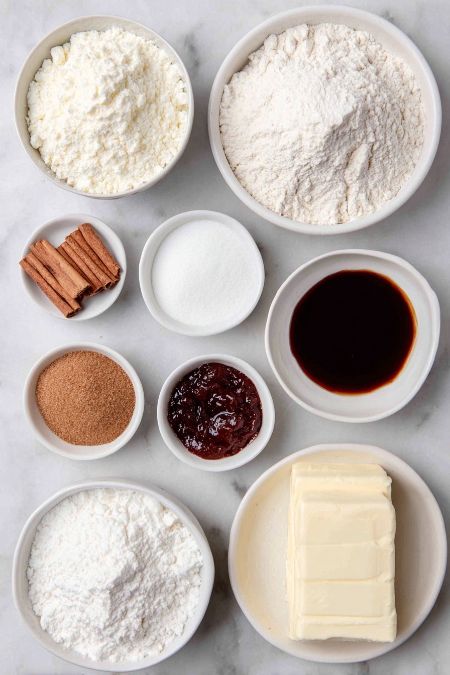 Flat lay of a small mound of all-purpose flour dusted lightly, a small white ceramic bowl of cornstarch, a small white ceramic bowl containing ground ginger, another small white ceramic bowl with ground cinnamon, a small white ceramic bowl holding baking soda, a small white ceramic bowl with kosher salt, a small white ceramic bowl with ground cloves, a small white ceramic bowl with ground allspice, a small white ceramic bowl of ground nutmeg, a slab of unsalted butter at room temperature, a small heap of packed dark brown sugar, a small white ceramic bowl filled with rich molasses, one large whole egg with a clean shell, a small white ceramic bowl of vanilla extract, a small white ceramic bowl of softened unsalted butter for filling, a few bright orange zest strips, a larger small white ceramic bowl filled with powdered sugar, a small white ceramic bowl holding glossy jellied cranberry sauce placed on a clean white marble surface, soft natural light, photo taken with an iPhone, professional food photography style, fresh ingredients, white ceramic bowls, no bottles, no duplicates, no utensils, no packaging --ar 2:3 --v 7 --p m7354615311229779997 - Gingerbread Cookie Sandwiches with Cranberry Filling, Holiday cookie recipes, festive cookie sandwiches, cranberry-filled gingerbread cookies, Christmas cookie ideas