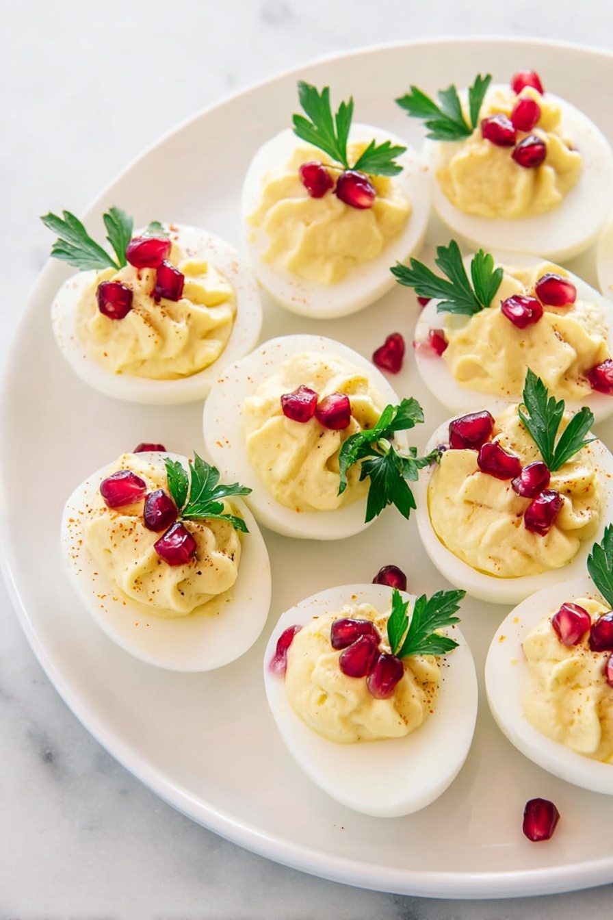 A white plate holds eight deviled egg halves arranged in a loose circle, each made of a smooth white egg white base filled with a pale yellow creamy filling that has a slightly swirled texture. On top of each filling, there are a few bright red pomegranate seeds and a small green parsley leaf, adding color contrast. The plate is set on a white marbled surface with a hint of natural light that makes the dish look fresh and inviting. photo taken with an iphone --ar 2:3 --v 7 - Christmas Deviled Eggs, Christmas Deviled Eggs Recipe, holiday appetizer ideas, festive deviled eggs, easy Christmas party snacks